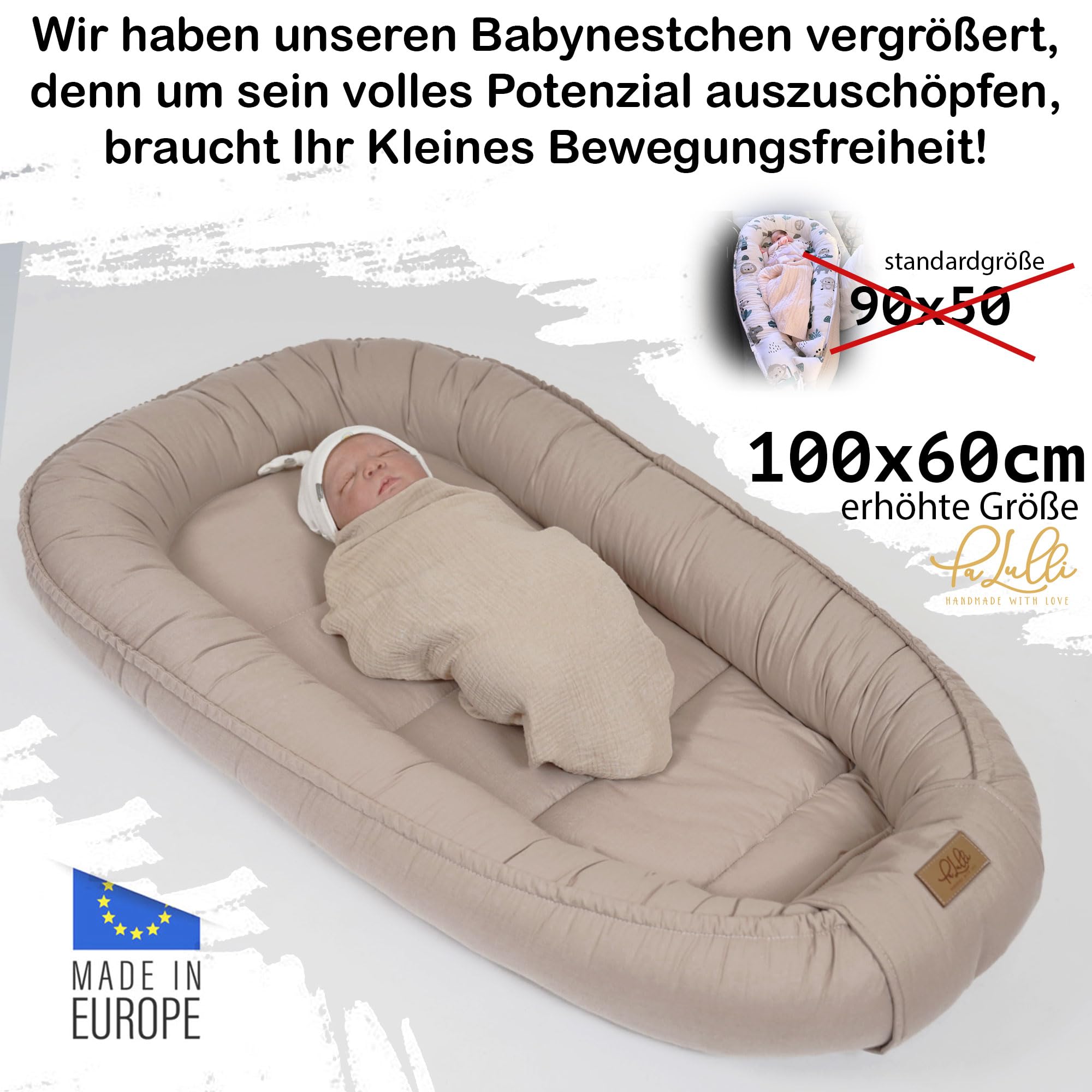 PaLulli® Nido extra grande per bambini, 100 x 60 cm, in cotone, utilizzabile su entrambi i lati, realizzato a mano, traspirante e sicuro