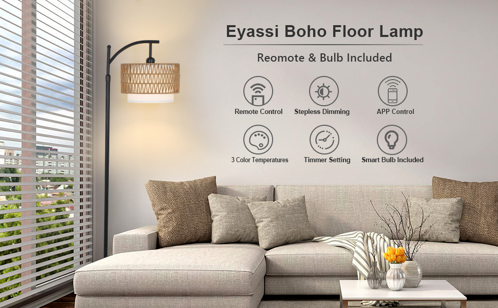 Image of Arc Floor Lamp for Living Room with 3 Color Temperatures, Farmhouse Floor Lamps with Remote & Dimmable Bulb, Boho Standing Lamp with Rattan & Fabric Shades, Adjustable Tall Lamp for Bedroom, Office