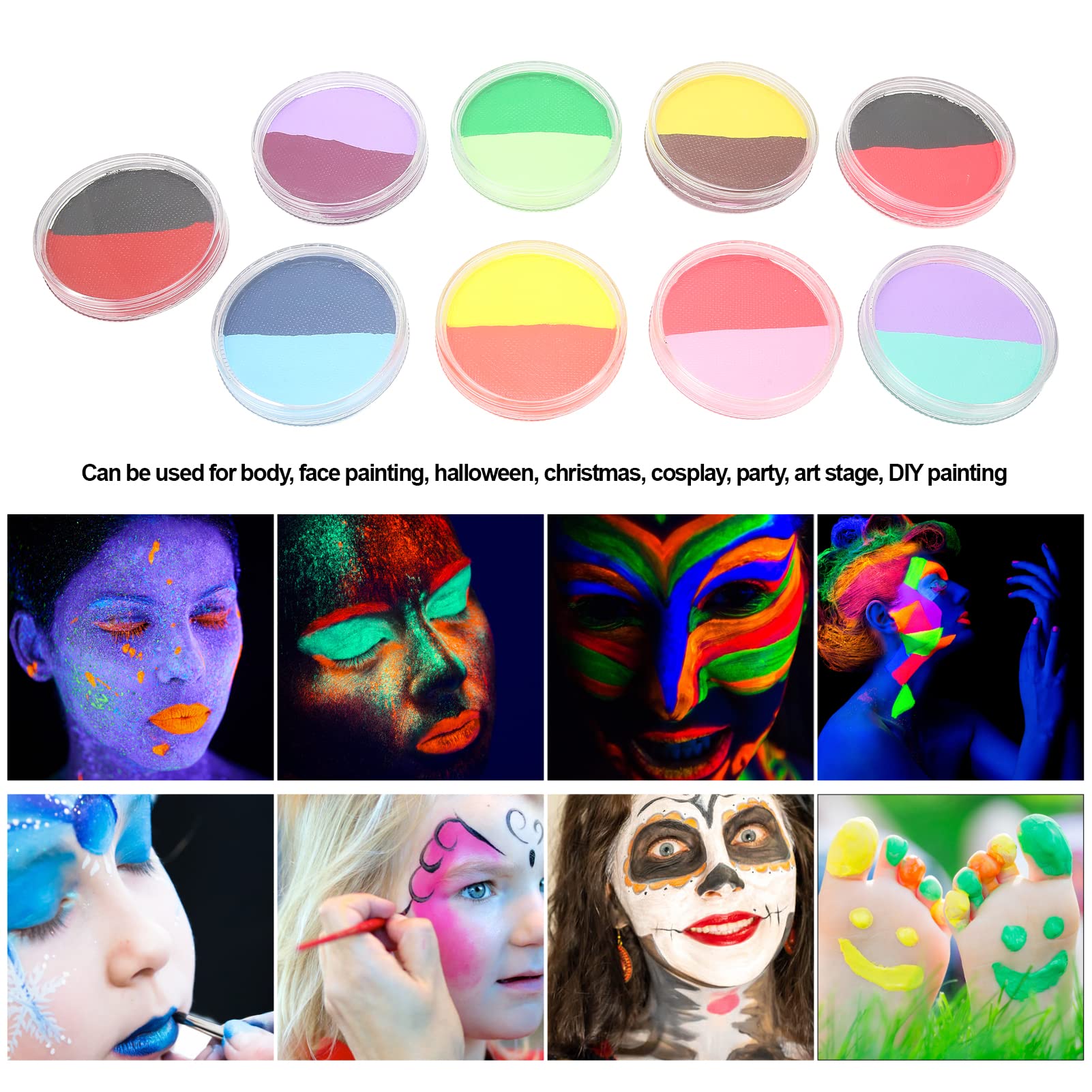 Kit di Pittura per il Viso 9 Pezzi, 18 Colori Sicuro Solubile in Acqua Asciugatura Rapida Pittura per il Corpo Facile Pulire per la del Viso Halloween Cosplay
