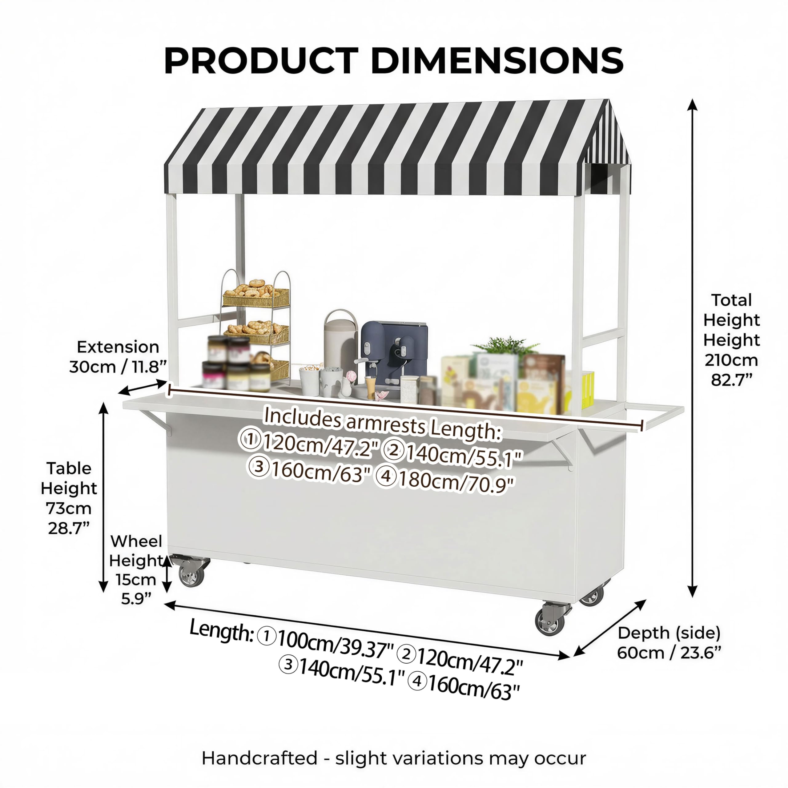 Carrello portatile per alimenti da esterno con tettuccio, carrello mobile per vendite di alimenti, carrello con ruote (design aperto blu, 120 x 90 x 210 cm), ideale per festival ed eventi