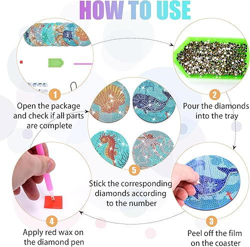 Miniatura 4 de Juego de 8 posavasos de pintura de diamantes, posavasos de arte de diamantes oceánicos con soportes, posavasos de arte de puntos de diamante,