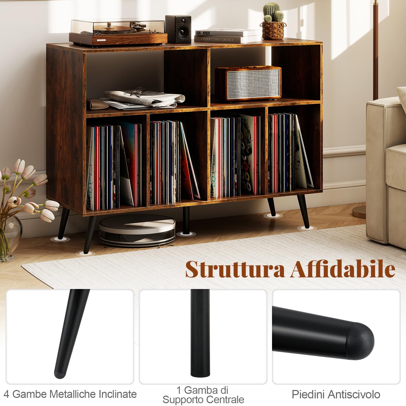 COSTWAY Supporto per Giradischi, Mobiletto per Giradischi a 3 Livelli con Scaffali per Vinili, Tavolino per Dischi con 5 Gambe, Scaffale Espositivo per Soggiorno, Sala Musica (Marrone)