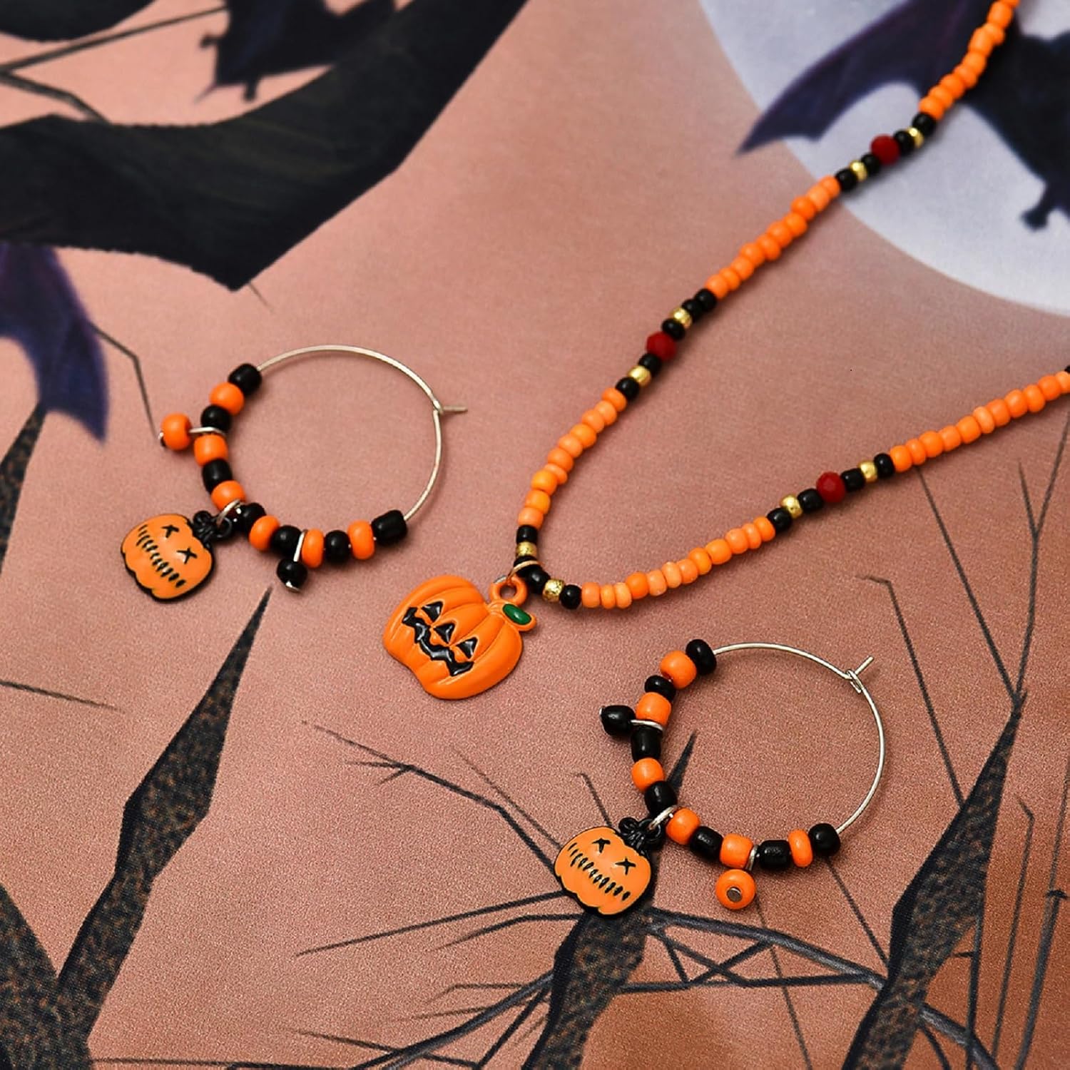 WETMT Halloween Pumpkin Jewelry Set for Women Pumpkin Beaded Necklace Pumpkin Beaded Hoop Earrings Pumpkin Rhinestone Drop Earrings Halloween Party Jewelry Set - Image 7