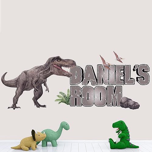 Miniatura 2 de Mural de pared de dinosaurio para habitación de niños, calcomanías con nombre personalizado, papel tapiz de dinosaurio, decoración de habitación