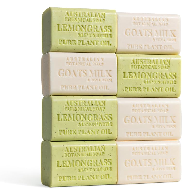 Australian Botanical Soap Sabonete em Barra para Corpo e Barba Goats Milk e Lemongrass, Tripla Moagem, Pacote com 8 Barras