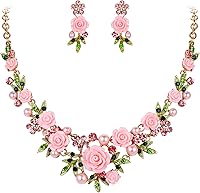 EVERFAITH Women's Austrian Crystal Simulated Pearl Rose Flower Leaf Necklace & Pierced Earrings Set