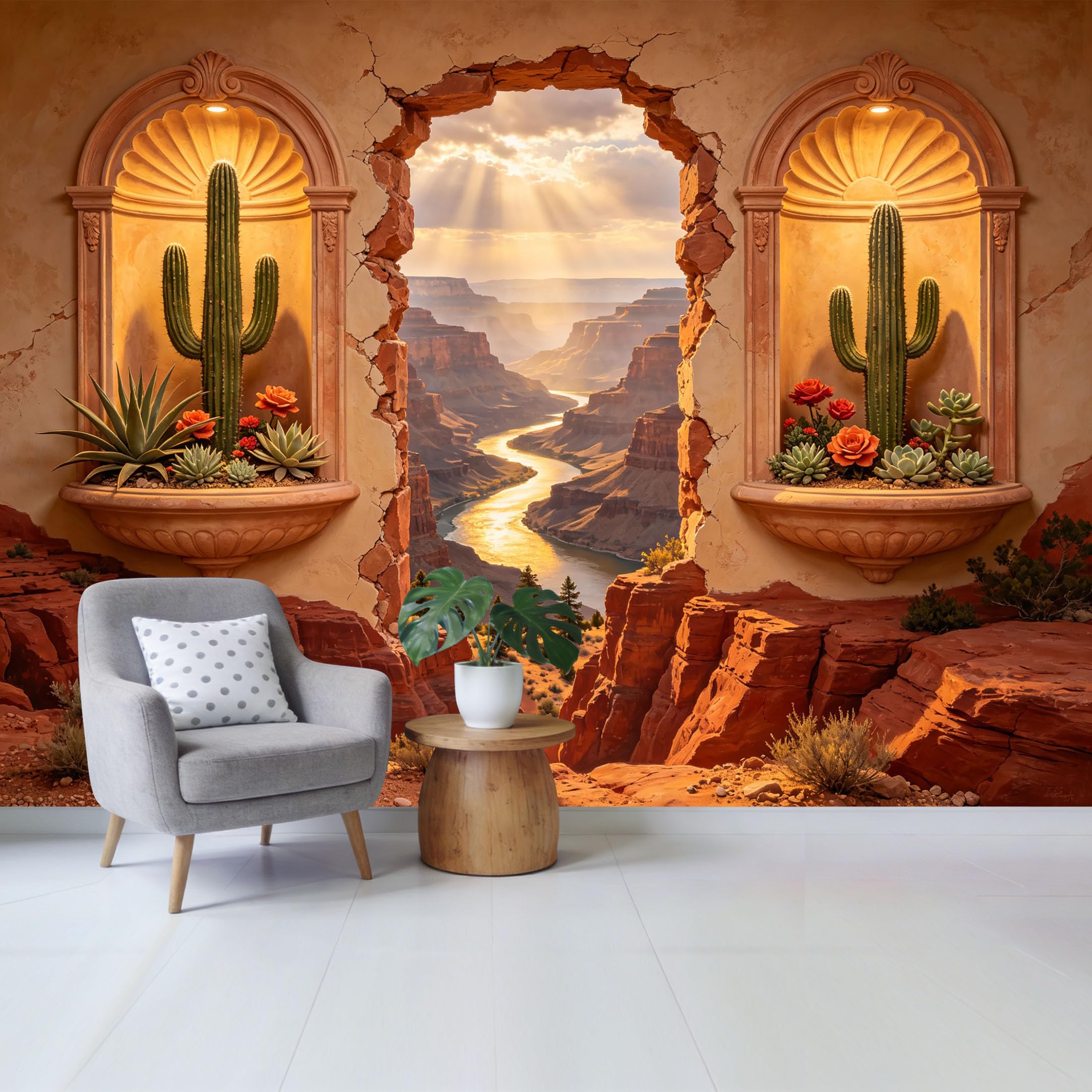 Removable Self Adhesive Fabric Mural， Desert Canyon River View Custom Size Wall Covering， UV Protected Waterproof Washable Wall Decor for Living Room Bedroom Bathroom 3D Botanical