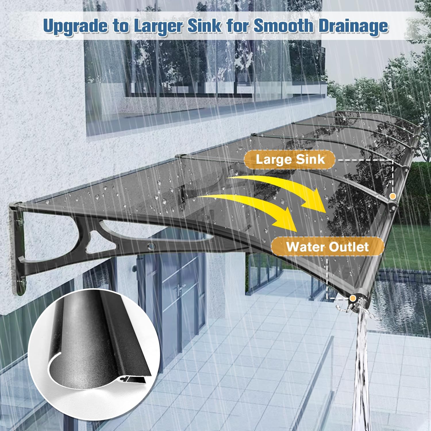 Awning for Door Entrance, Window Awnings Exterior with Aluminum Bracket Polycarbonate Board, Patio Balcony Porch, Uv Rain Snow Protection, with Drainage Channels, Gray 80x140cm/31 x55