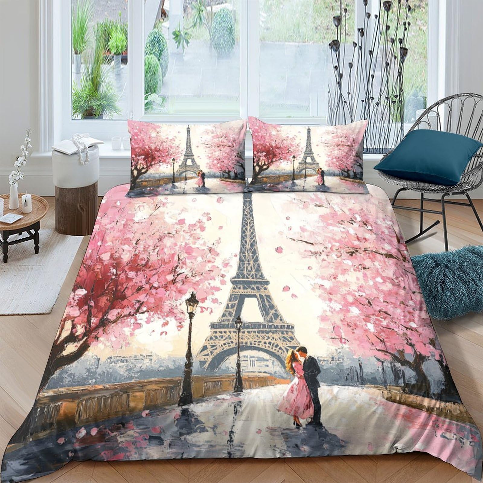 Ctjqhvkz Style-7 3D Printed Eiffel Tower Blossom Fitted Sheet Microfiber Soft Pink Paris Mattress Cover For Bedroom Guest Room Decor Single（135X200cm）