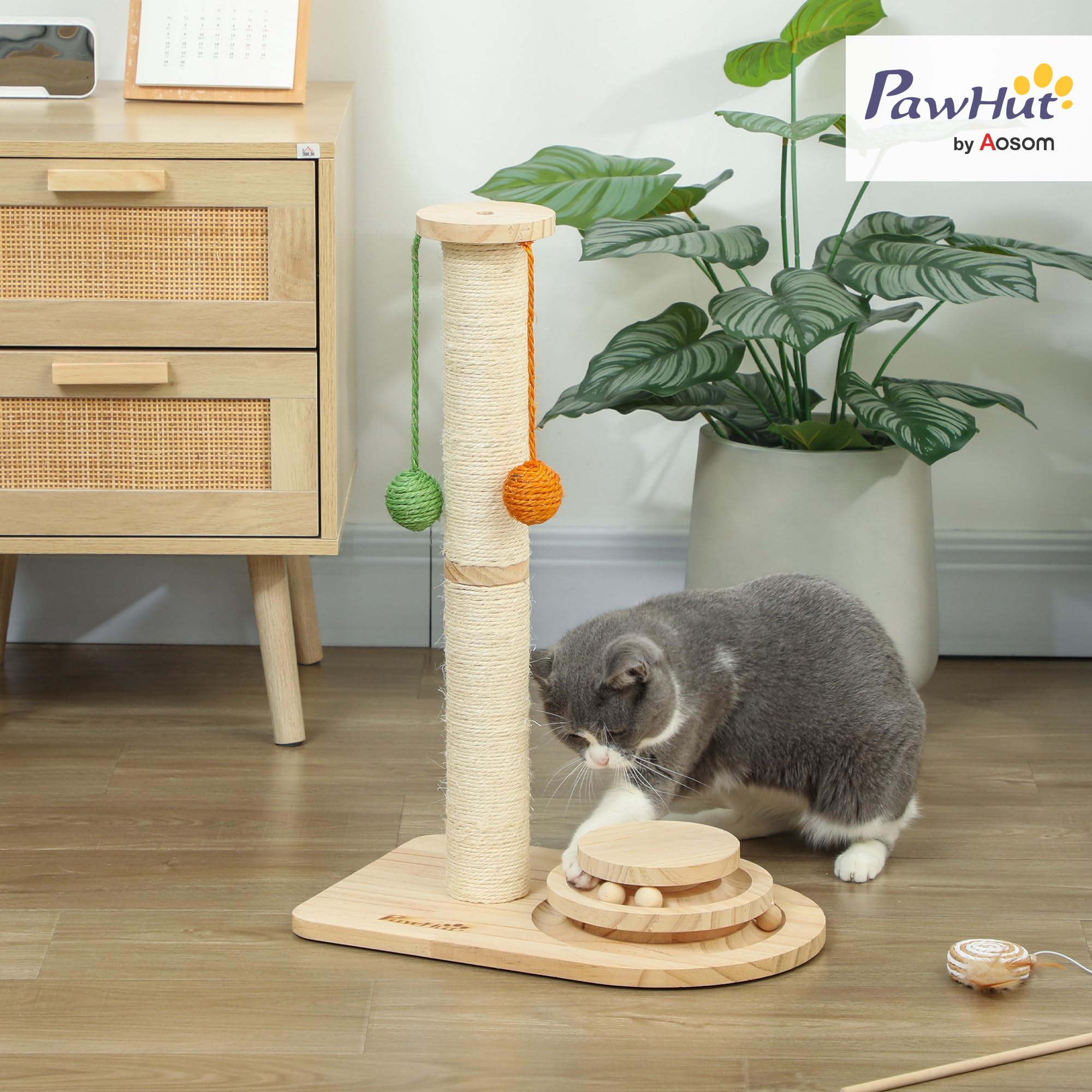PawHut Tiragraffi 56,5 cm con sisal legno naturale | Grattatoio con 3 palline sospese, palla a tracciato