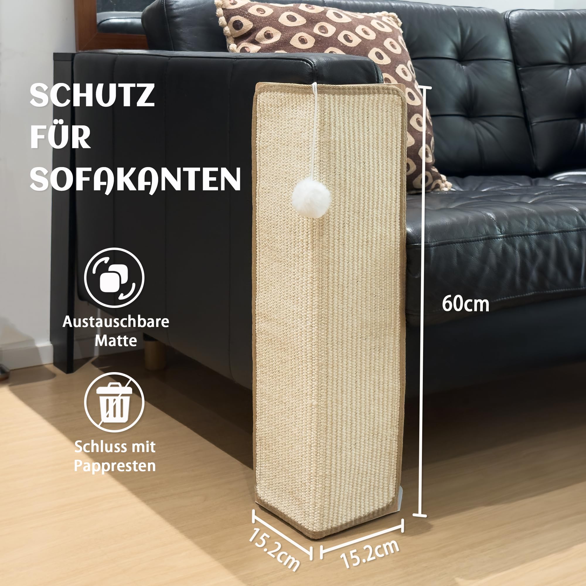 PETKARAY Sisal Kratzbrett Katze, 60 cm Sofaschutz mit Ballspielzeug