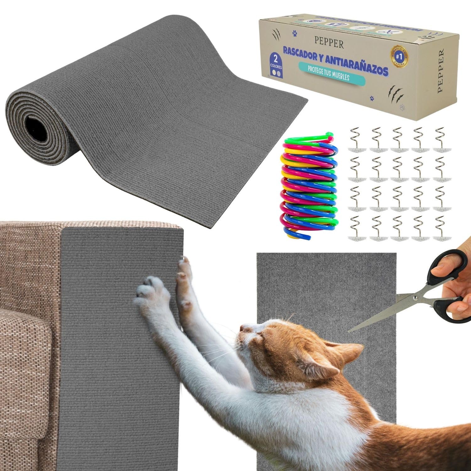 PEPPER® Alfombra Rascador para Gatos + Pines de Fijación + Juguete Interactivo + Tijeras | Protector Sofa Gatos Arañazo | Ideal para Evitar Arañazos en Sofás y Muebles | Tapete Autoadhesivo 40x200cm