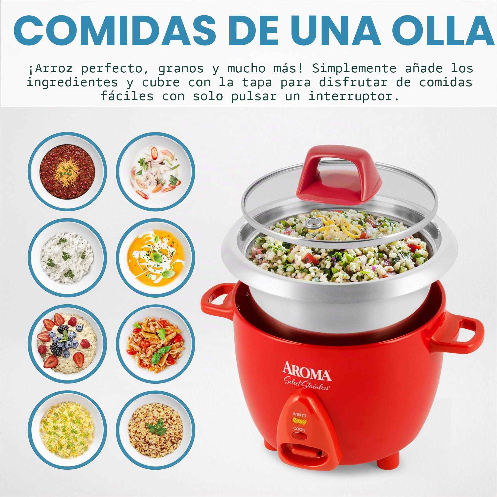 Aroma Housewares Select ARC-753SGR - Juego de 6 tazas (cocidas, acero inoxidable, 1,2 qt, con olla interior sin recubrimiento), color rojo