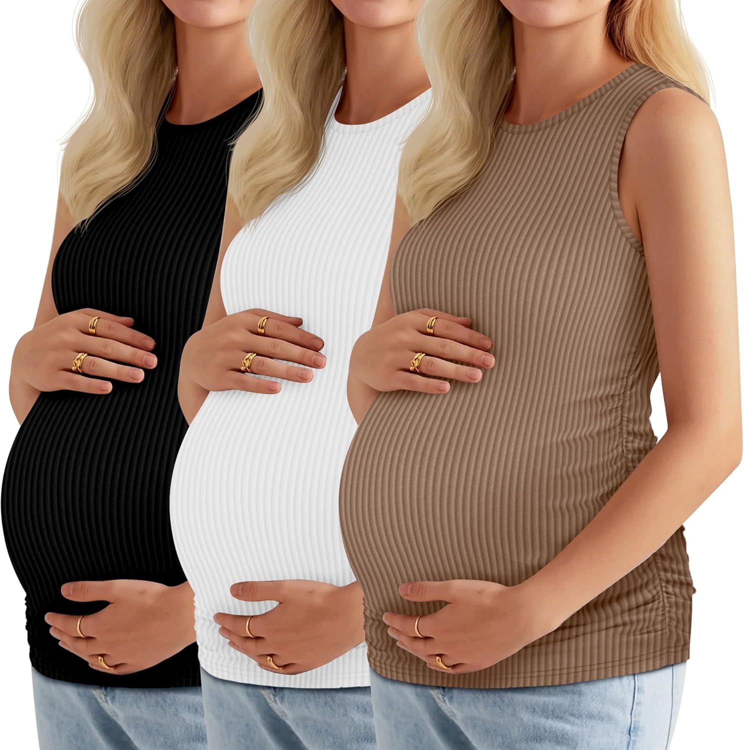 Neer 3 Pack Women's Ribbed Maternity Tank Tops Sleeveless Ruched Side Crew Neck Pregnancy T Shirts Basic Mama Clothes