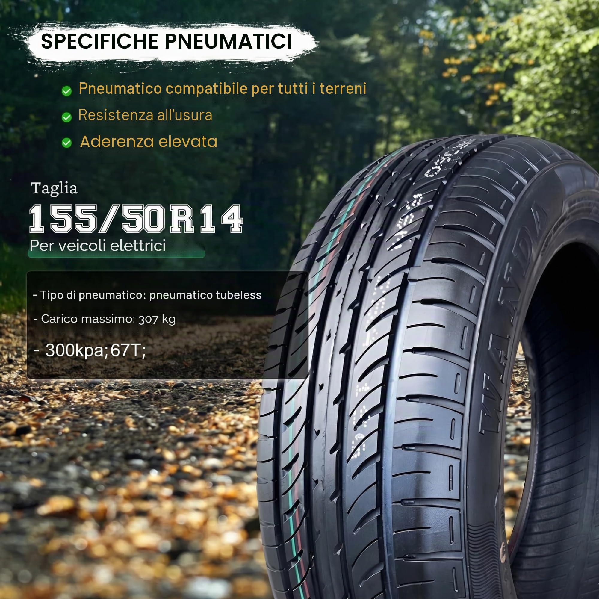 155/50R14 Pneumatico Senza Camera per Auto Compatta e Guida Cittadina da 14 Pollici | 155/50/R14 Sostituzione Tutto Anno con 155 50 14 Fianco Rinforzato 300 kPa Carico Massimo