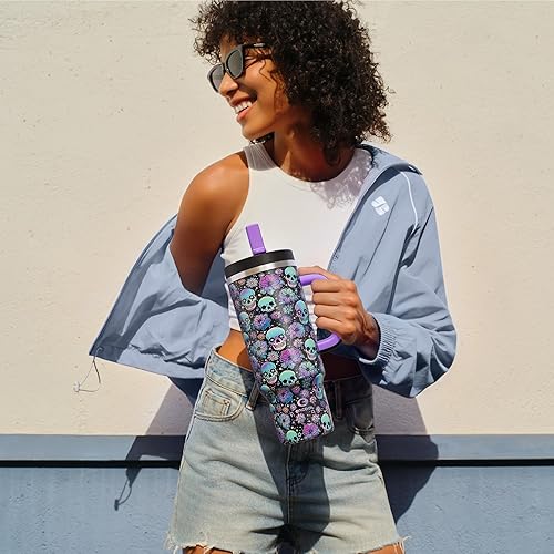 Miniatura 7 de Vaso de Halloween de 40 onzas con asa y pajilla, botella de agua de acero inoxidable aislada con pajilla, a prueba de fugas, apto para portavasos,