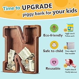 Summidate Customized Name Extra Large Wooden Piggy Bank for Kids Boys Girls Alphabets Letter A-Z Coins Bills Money Change Saving Box Clear Cover (Laser Engraved) Educational Toys 12- Letter M
