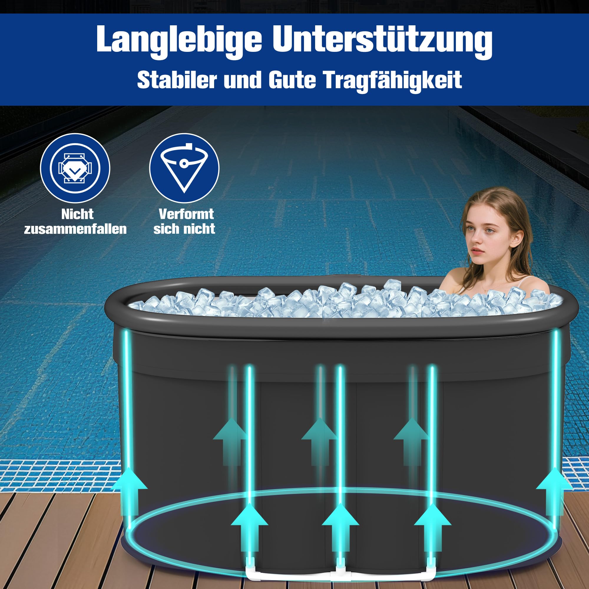 Eisbad XXL, Faltbare Badewanne Erwachsene(120cm Ø), Eistonne Eisbaden Outdoor mit Staubschutzabdeckung, Faltbare Badewanne Erwachsene, Eisbaden Tonne für Recovery und Kaltwassertherapie, Blau