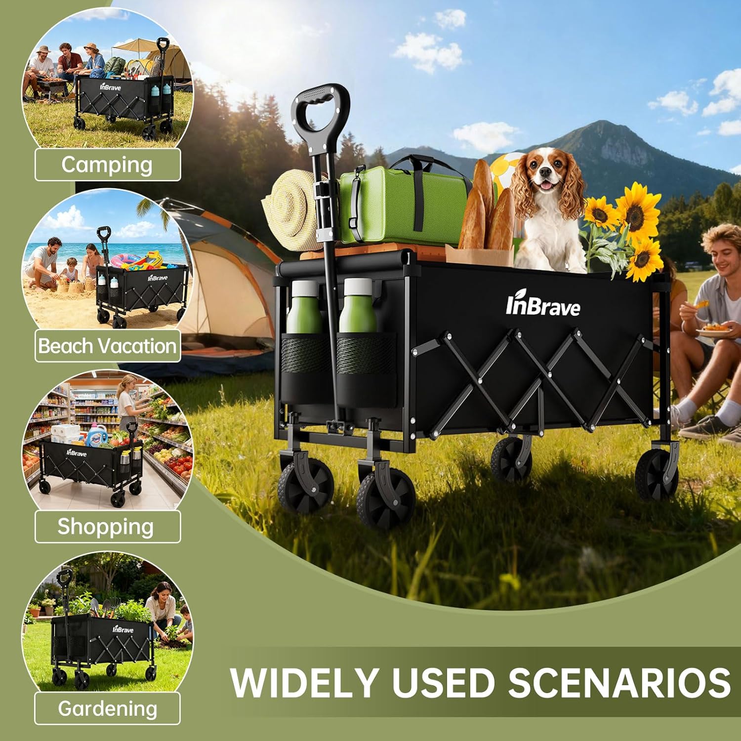 Folding Wagon Cart with All-Terrain Wheels, Collapsible Wagon with 380LBS Capacity, Portable Lightweight Shopping Cart for Groceries, Apartment Living, Camping & Beach (Black) - Image 2