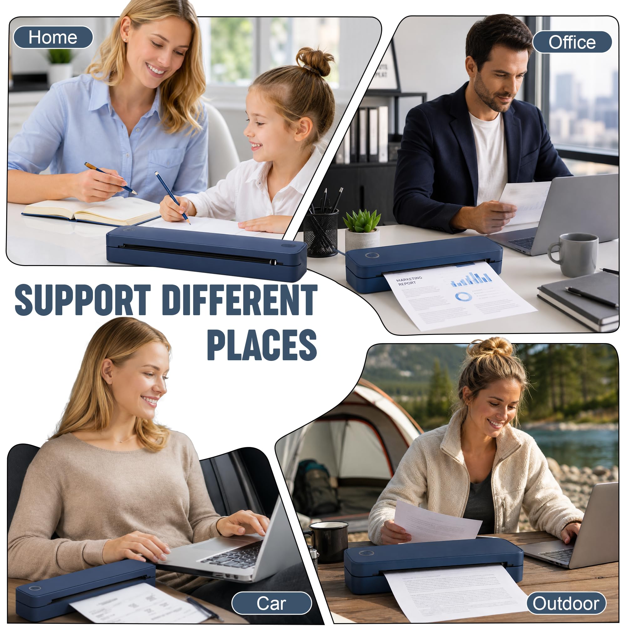 Imprimante thermique portable A4 compatible avec iOS, application Android AI, ordinateur portable – Imprimante Bluetooth sans encre 300 feuilles à pleine charge – Petites imprimantes sans fil 300 DPI