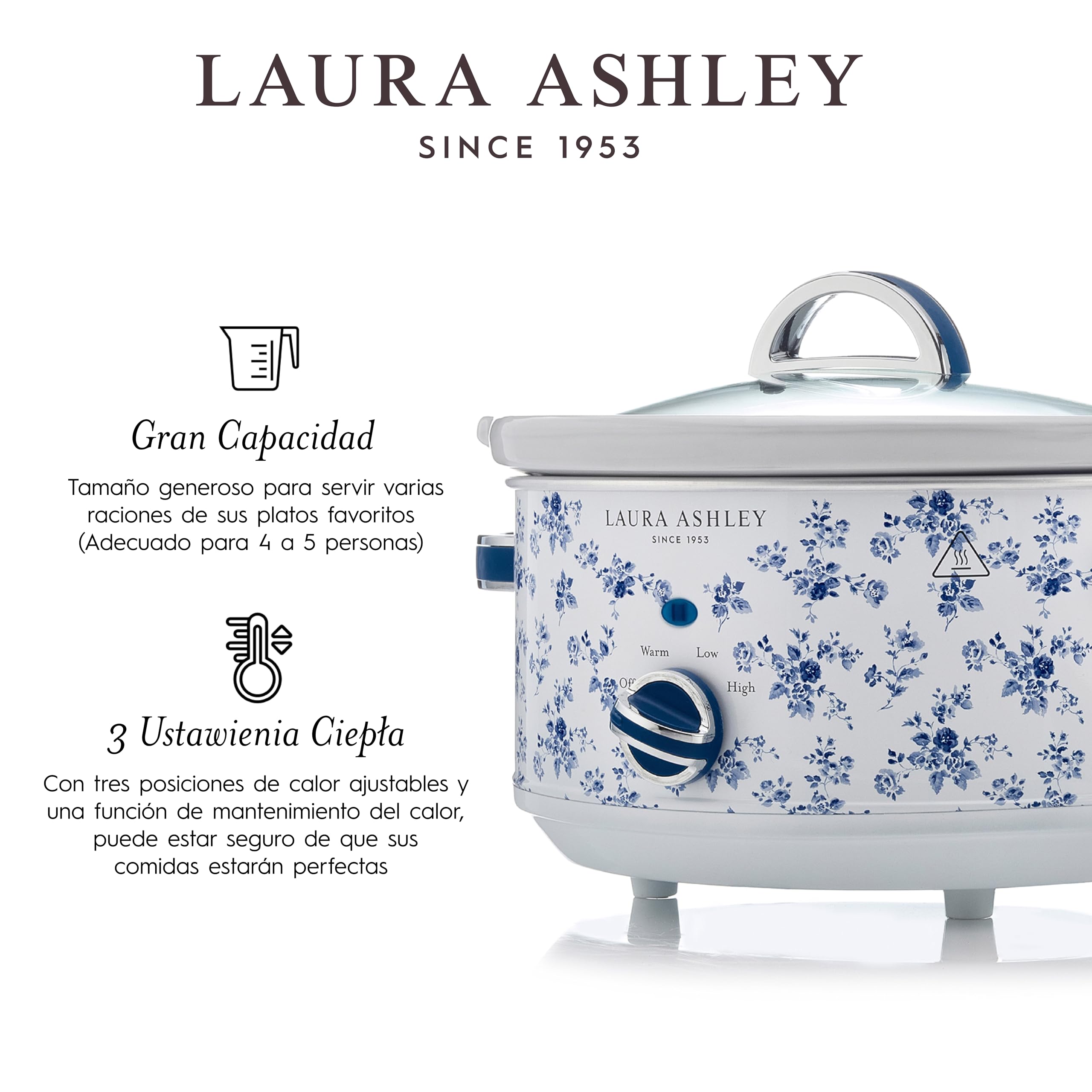 Laura Ashley Pentola Cottura Lenta 3,5 Litri con Stampa China Rose di VQ - Slow Cooker per 4 a 5 Persone, Economica in Energia, con 3 Impostazioni di Temperatura e Coperchio in Vetro Temperato