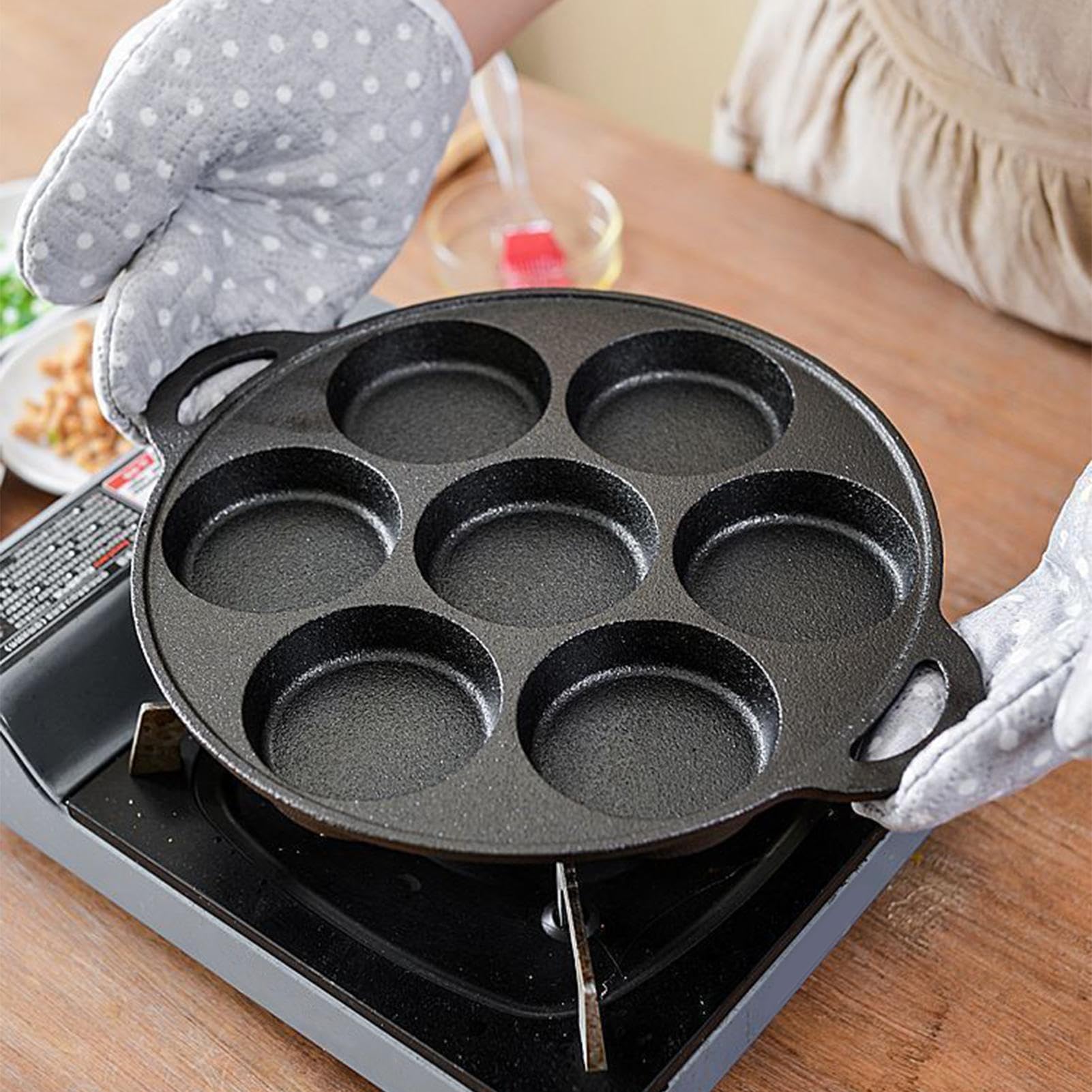 Padella In Ghisa Piatta antiaderente a 7 fori per friggere, cucinare, | Padella Piatta In Ferro Per Uova Crêpe, Pizza, Bistecca, Fornello Da Campeggio, Colazione, Barb