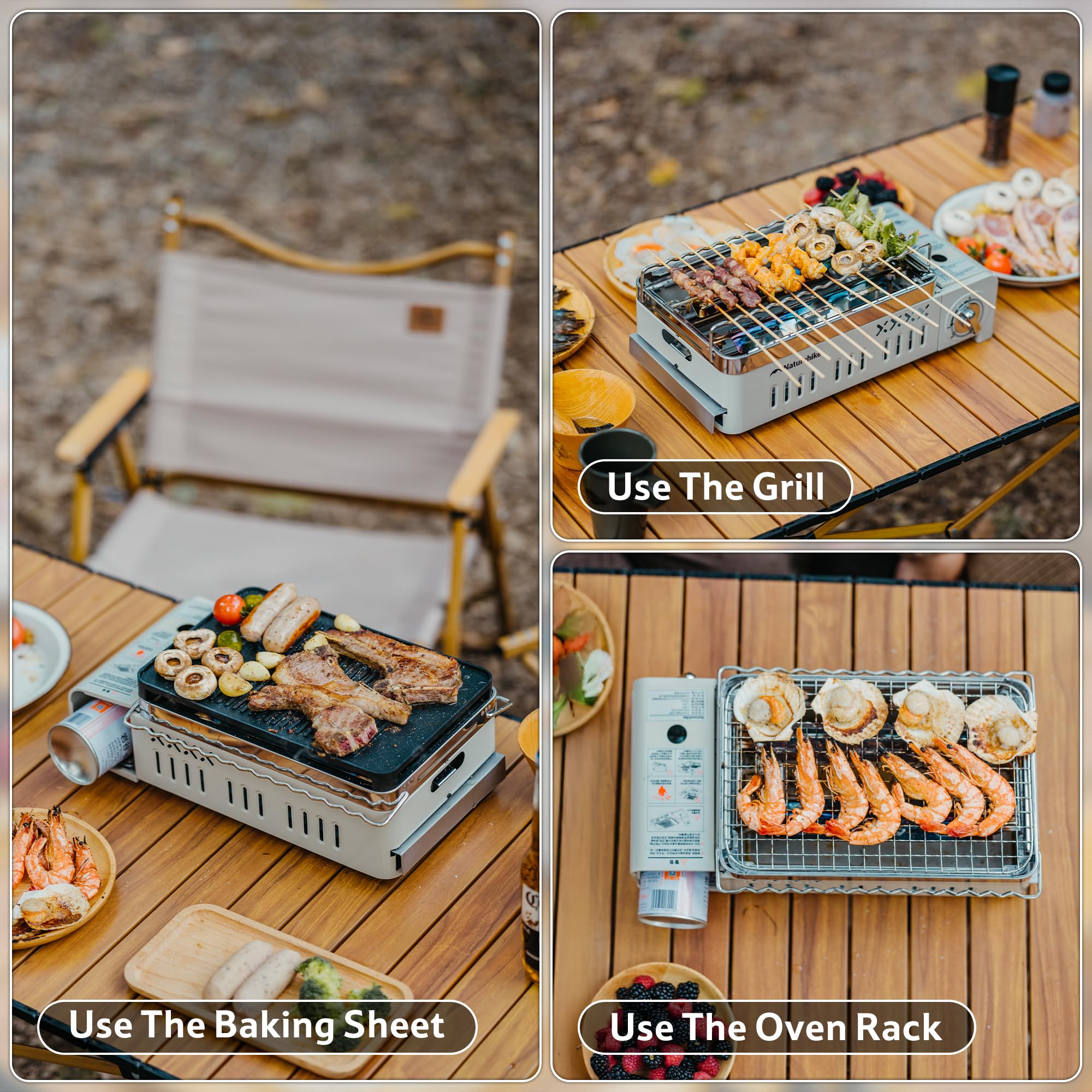 Naturehike Butan Gaskocher tragbarer Gasgrill Outdoor Campingkocher Campinggrill mit Grillplatte Grillrost und Tragetasche Gasherd Set für Picknick, Balkon, Garten