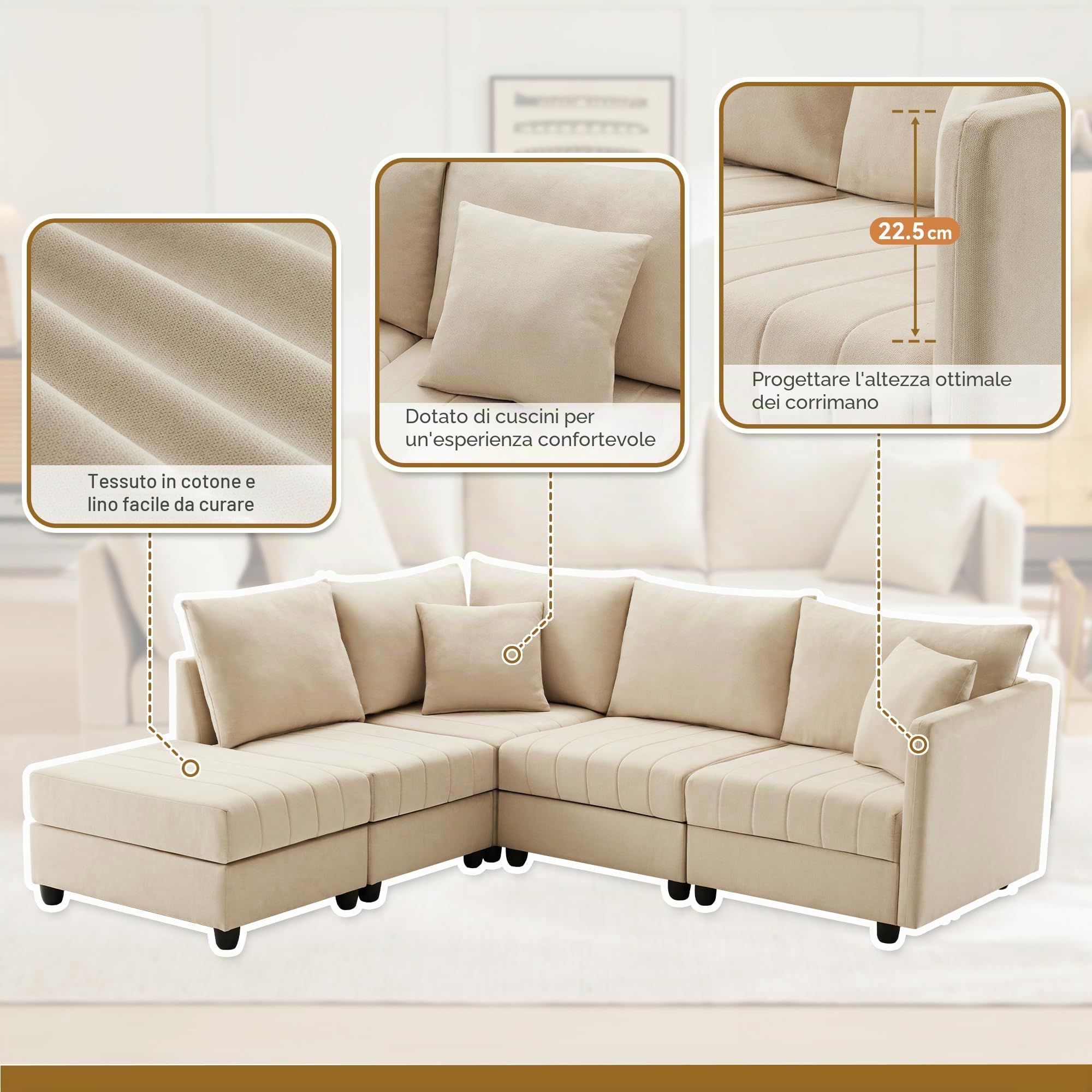 Divano moderno ad angolo, 220x194x85cm, divano a 5 posti, divano a L con poggiapiedi trasformabile e 2 cuscini, a righe verticali, divani combinato,sofa,Beige