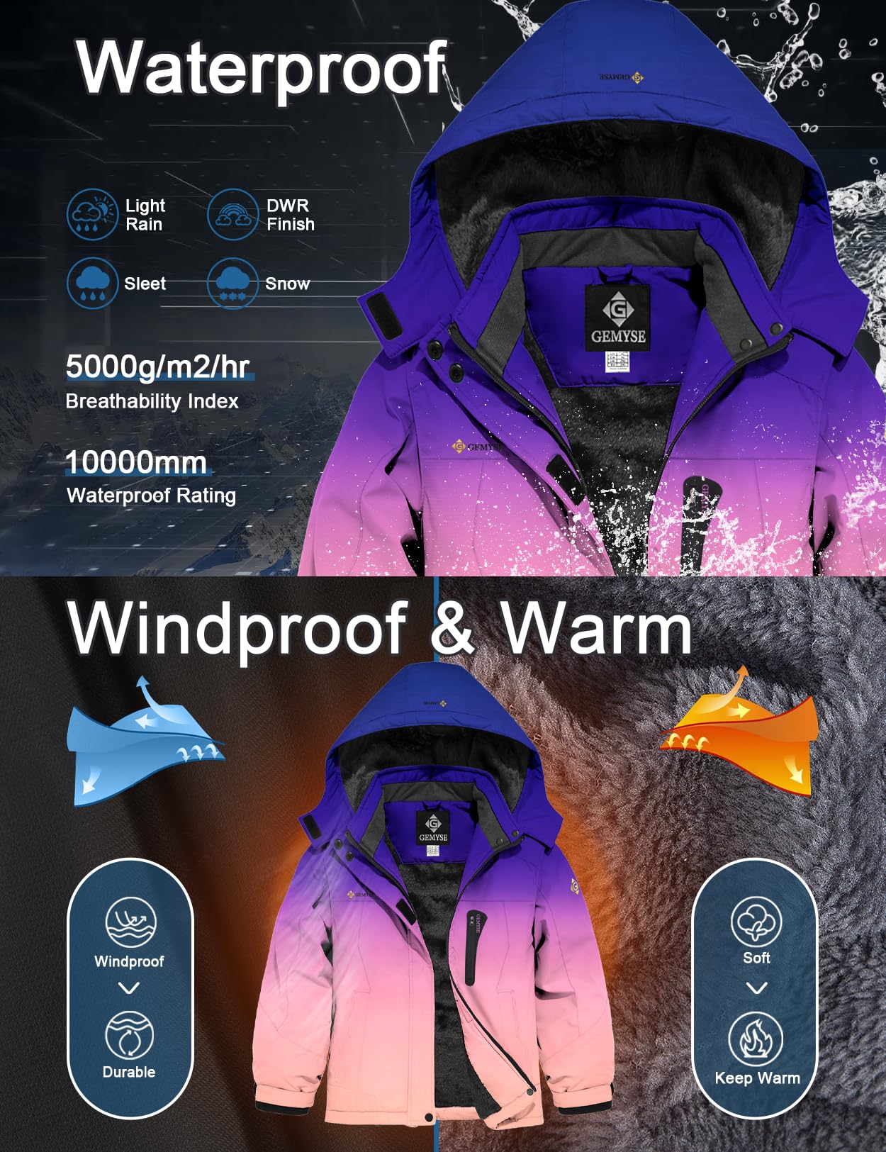 GEMYSE Chaqueta de Esquí Impermeable de Montaña para Niñas Abrigo de Invierno de Lana Antiviento con Capucha