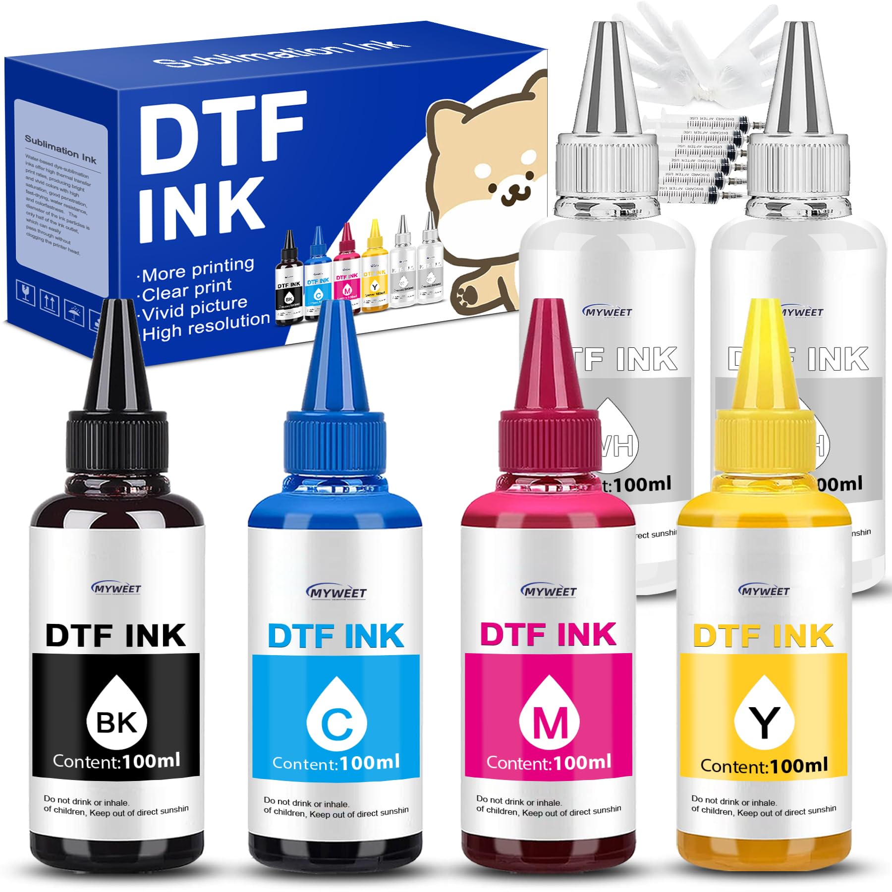 MYWEET Premium DTF Ink for DTF Heat Transfer Film Printing, Compatible for Epson Printhead L1800 L805 R1390 4720 I3200 XP600 DX7 DX5 5113, Great Fluency, Covering and Rate Whiteness 100ml x 6Pack