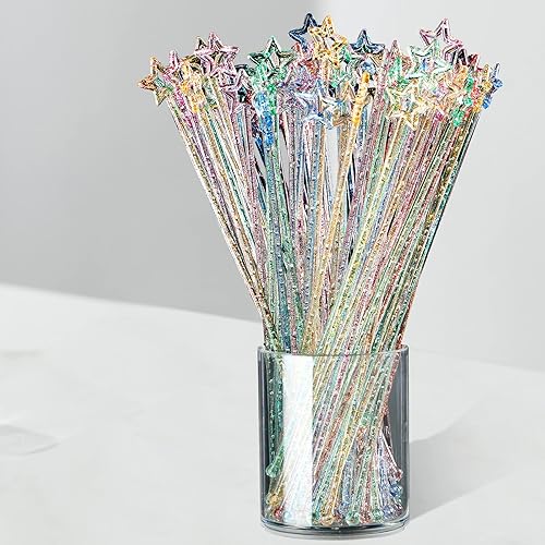 Miniatura 5 de Mudder 100 palitos de Halloween de 9.1 pulgadas, agitadores de cóctel de plástico para bar, de plástico desechable, estrella superior de cristal,
