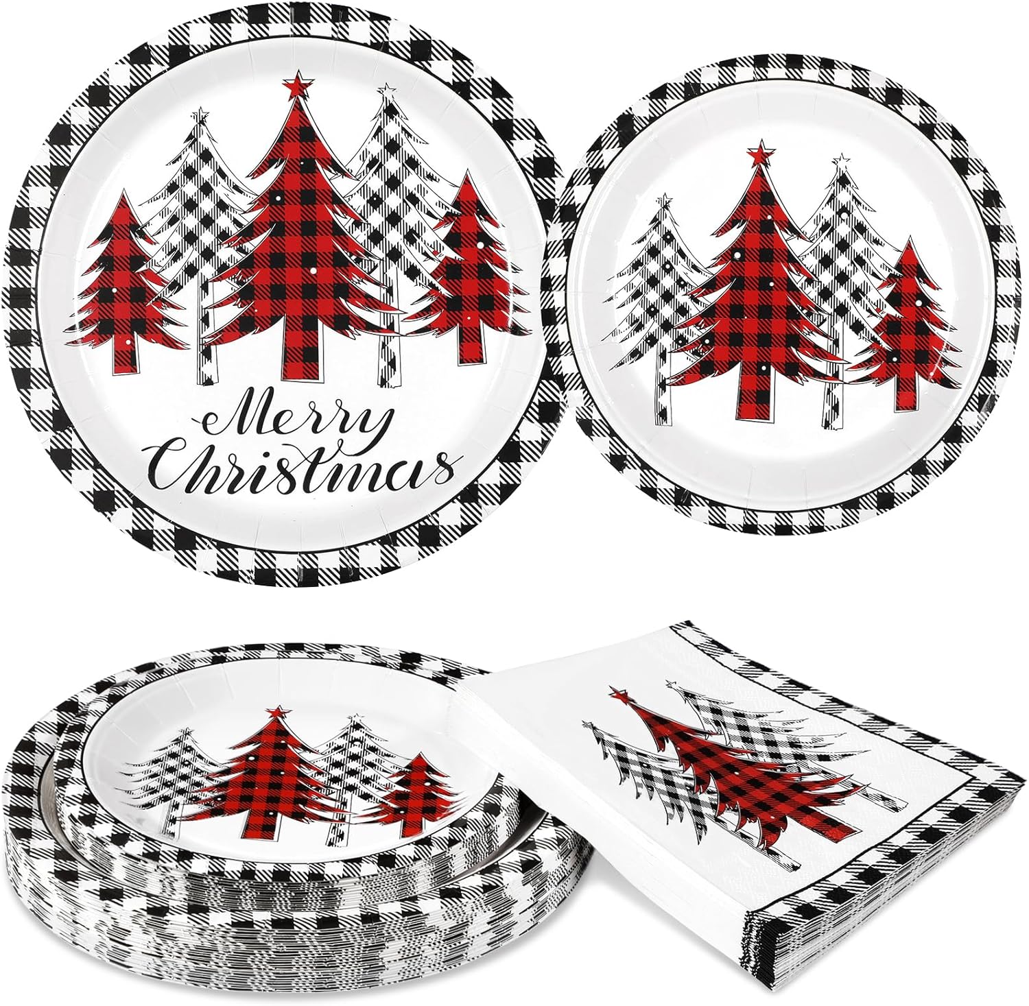 Homlouue 200PCS Merry Christmas Paper Plates and Napkins Set, Red & White Christmas Tree Plates and Napkins, Disposable Dinnerware Set for 50, Xmas Party Decor