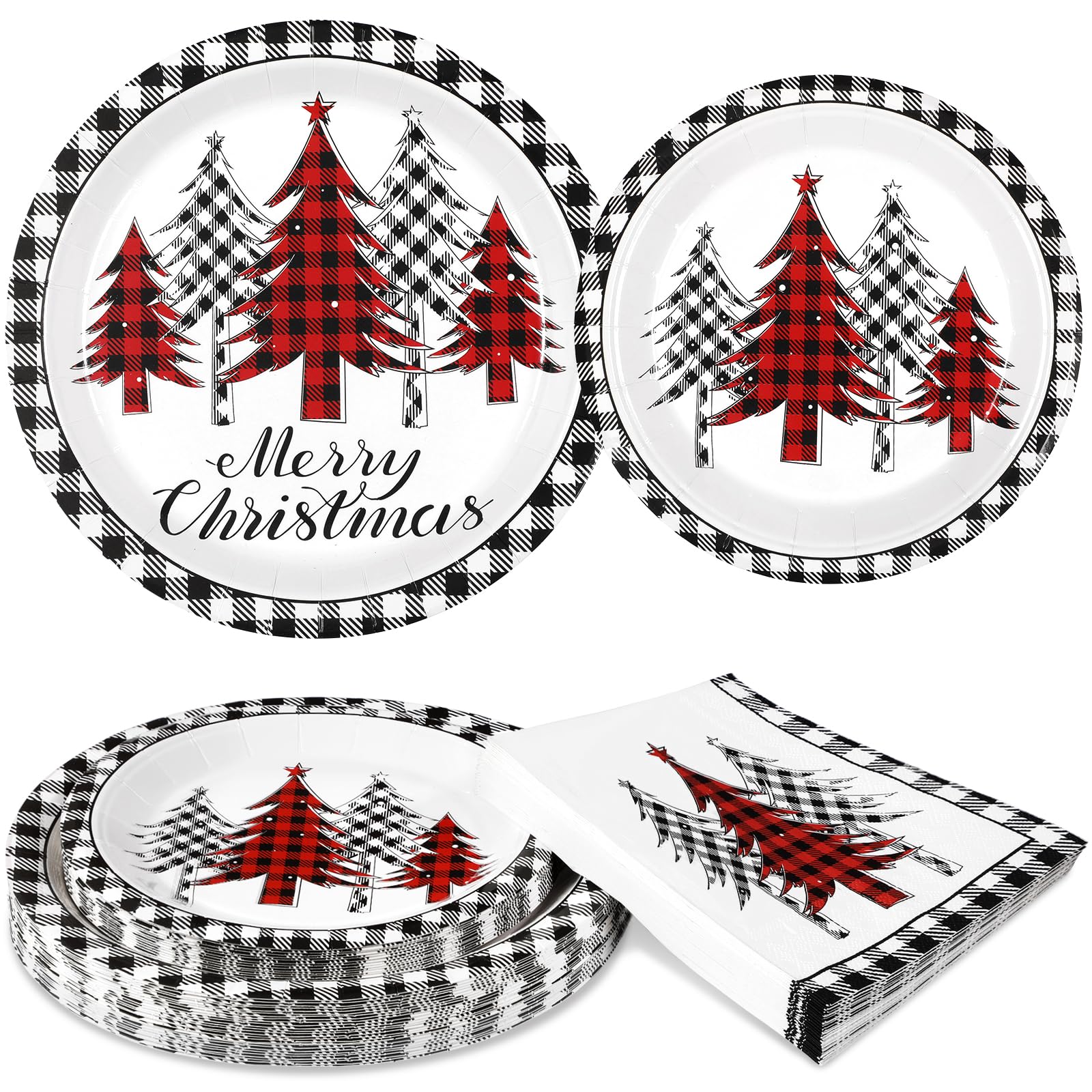 Homlouue Juego de 200 platos y servilletas de papel de Feliz Navidad, platos y servilletas desechables de árbol de Navidad, juego de vajilla desechable de Navidad, decoración de fiesta de Navidad,