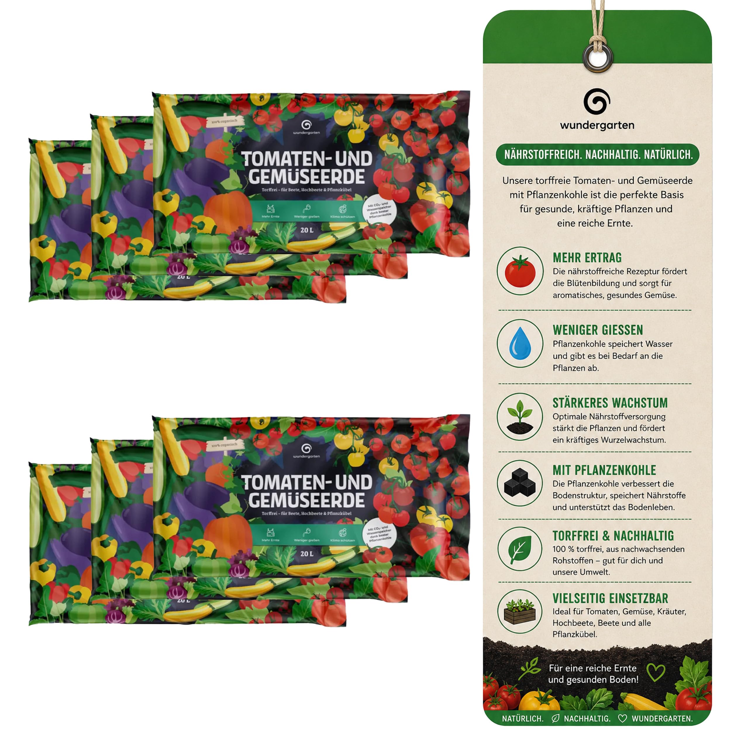 6X 20L Bio Tomaten- & Gemüseerde torffrei – Mit Pflanzenkohle – Wundergarten – Erde für Tomaten, Gemüse & Hochbeet – Weniger Gießen & Düngen