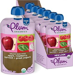 Plum Organics | Stage 2 | Organic Baby Food Meals [6+ Months] | Apple, Raspberry, Spinach & Greek Yogurt | 3.5 Ounce Pouch (Pack Of 6) Packaging May Vary
