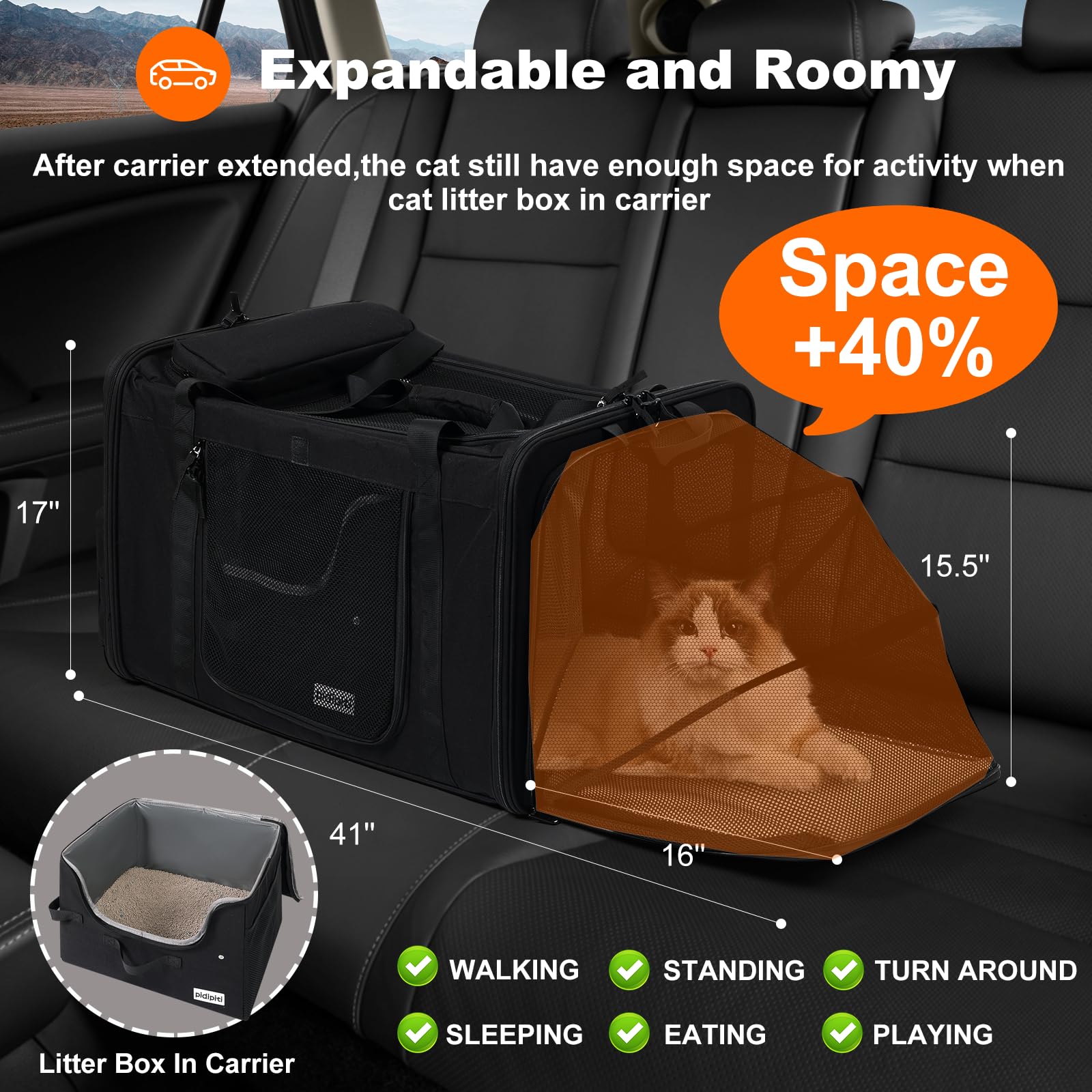25''(L) x 17''(W) x 17''(H) Extra Large Expandable cat Carrier for car Travel,Soft Crate for 1 Large / 2 Medium Cats up to 35 lbs,Long Road Trip cage with a Leakproof Portable Litter Box - image 3