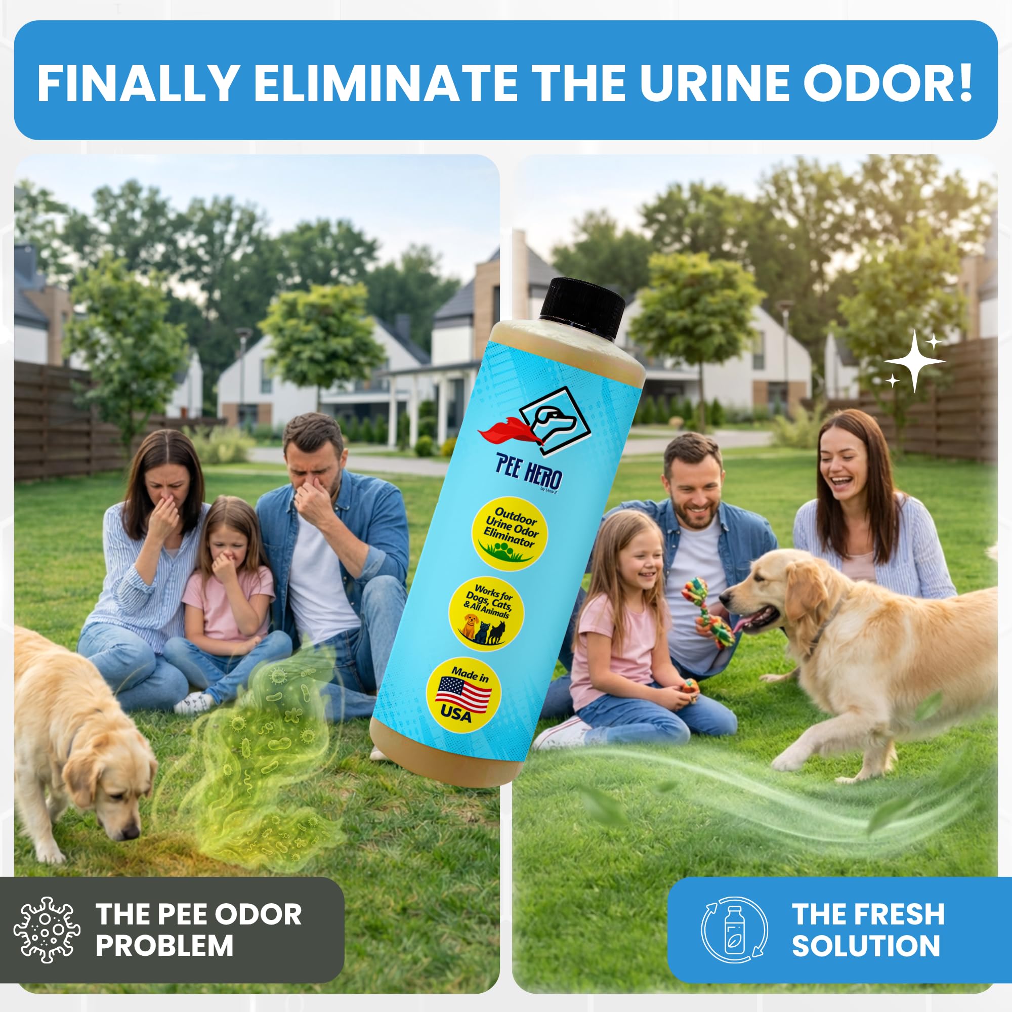 Pee Hero - Concentrado eliminador de olores de orina de mascotas, pulverizador de 1 galón y concentrado de 16 onzas (hace una solución de 2 galones) | Desodorante de patio para orina de perro y caca |
