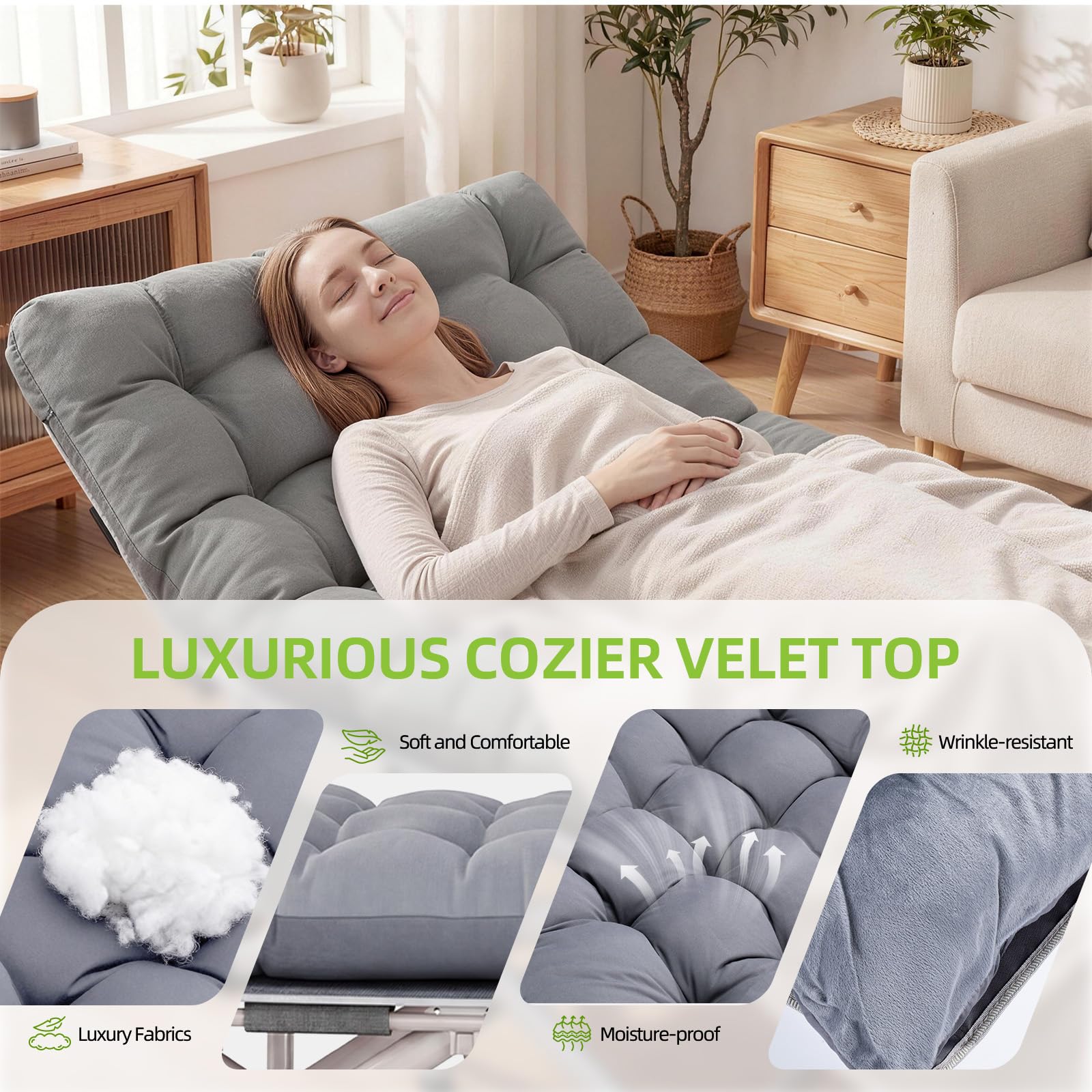 Lit de Camp Pliable avec Matelas Réversible 2 en 1 -Été et Hiver, Lit de Pliable Confortable Charge Jusqu'à 200Kg pour Camping, Les Voyages, la Maison, Jardin, Gris