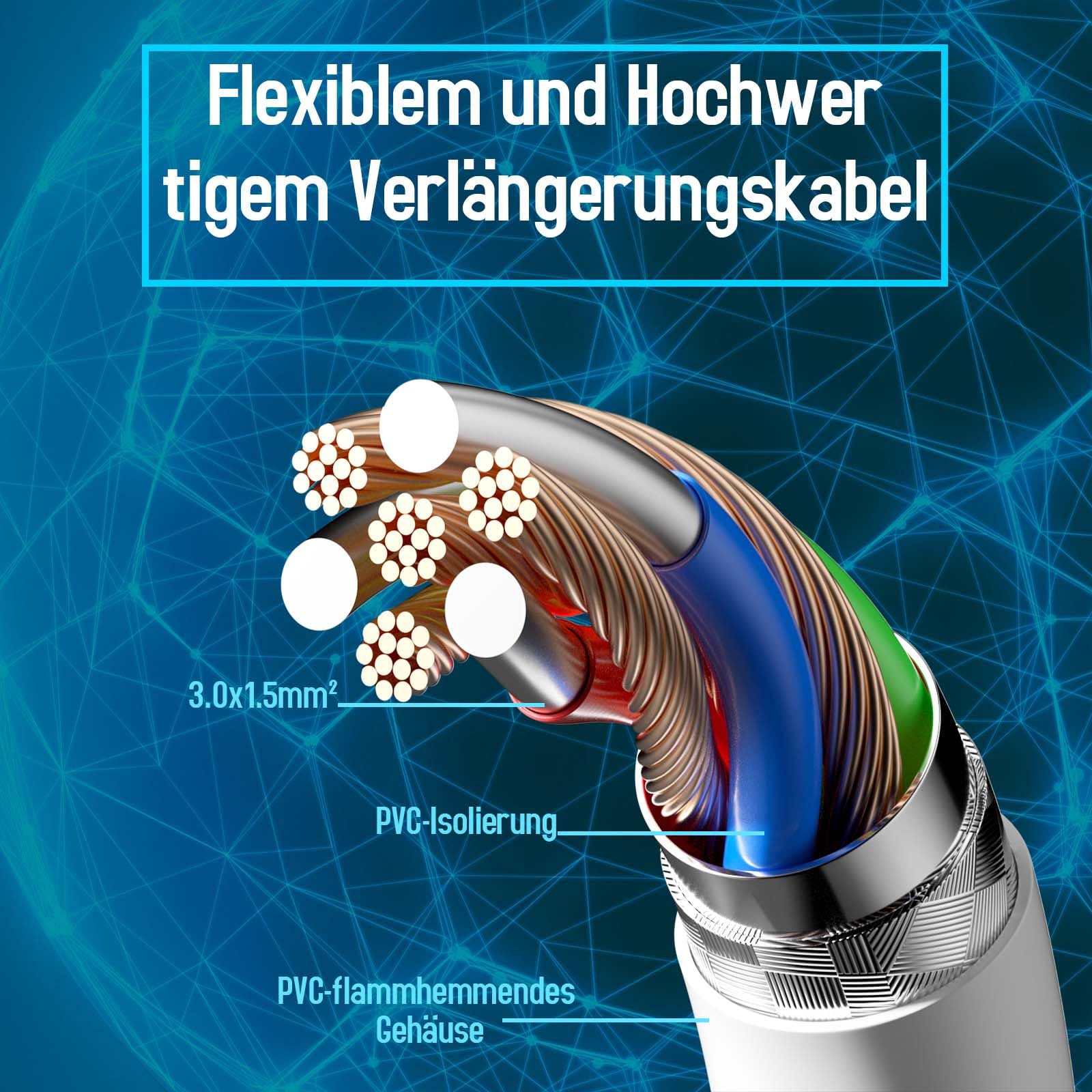 HITRENDS Kabel przedłużający zewnętrzny, z zaczepem oczkowym, wtykiem bezpieczeństwa, 3 m AC Schuko, do gniazd IP44, do domu, biura, na zewnątrz, 3 x 1,5 mm², 250 V/16 A, biały