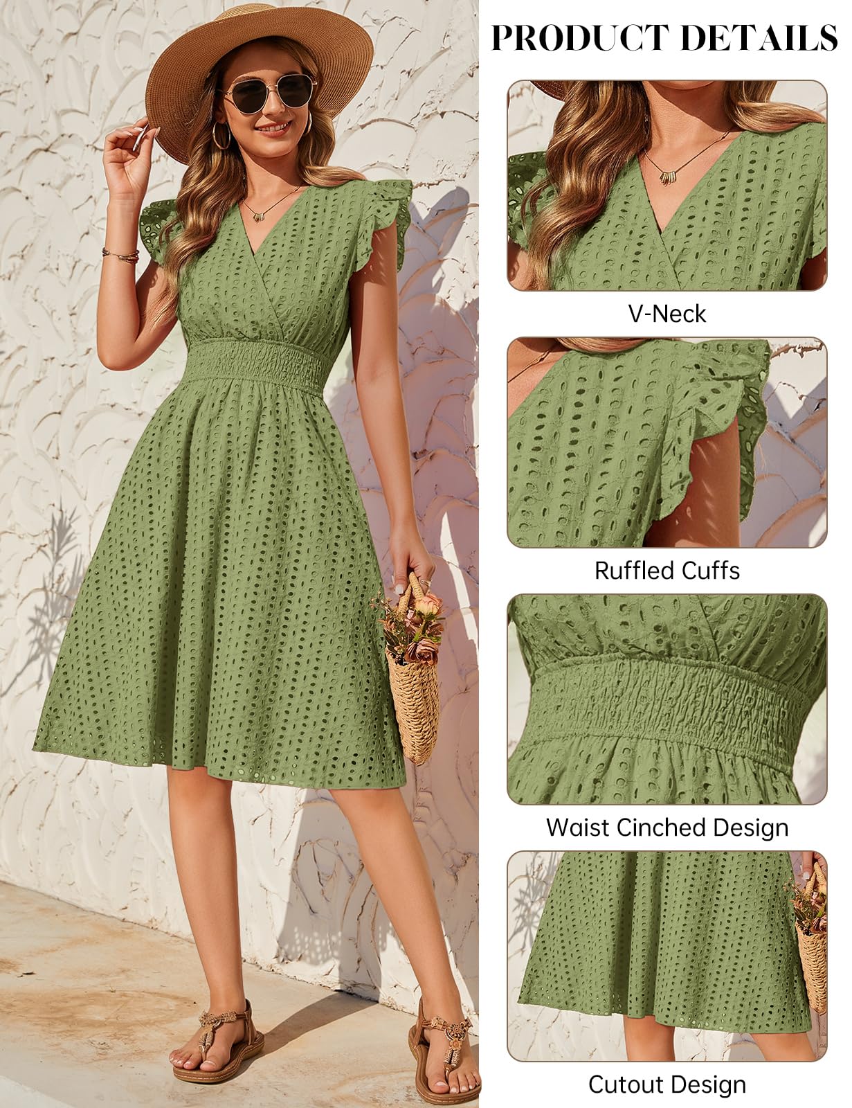 Sommerkleid Damen Baumwolle Kleider Sommer V-Ausschnitt Rüschenärmel Kleid Knielang Ärmelloses Hohe Taille Wickelkleid Leicht Luftig Freizeitkleider Strandkleid mit Taschen