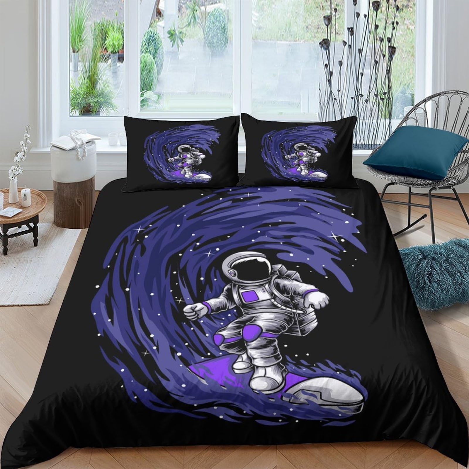 Ctjqhvkz Style-4 3D Printed Space Astronaut Fitted Sheet Microfiber Soft Black Purple Cosmic Swirl Mattress Cover For Bedroom Dorm Decor Single（135X200cm）