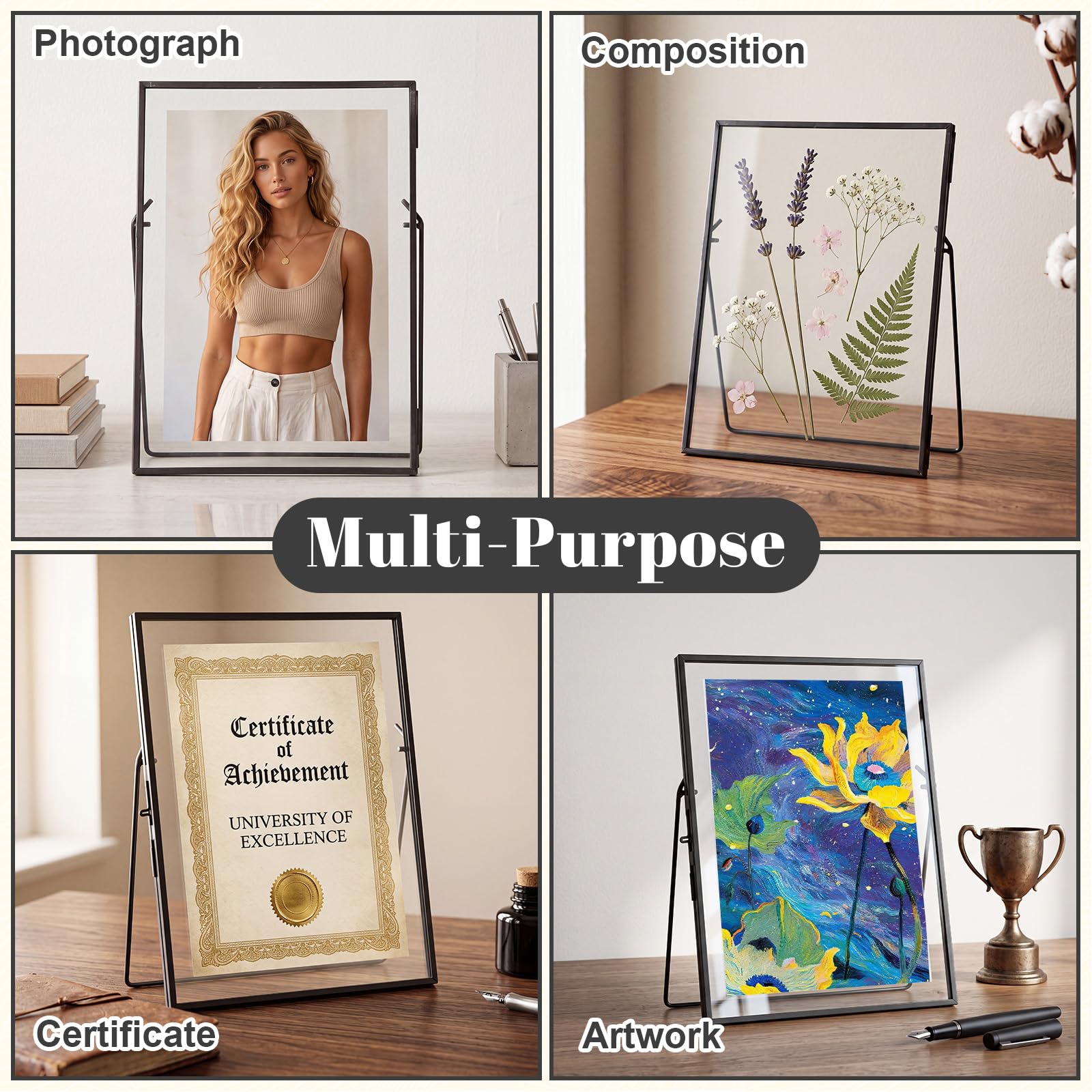 Vicenpal 3 Stück gepresster Blumenrahmen aus Glas, handgefertigt, 15,2 x 20,3 cm, schwebende Bilderrahmen für gepresste Blumen, Messing, Doppelglas für Tischdekoration, Heimbüro, Pflanzenexemplare