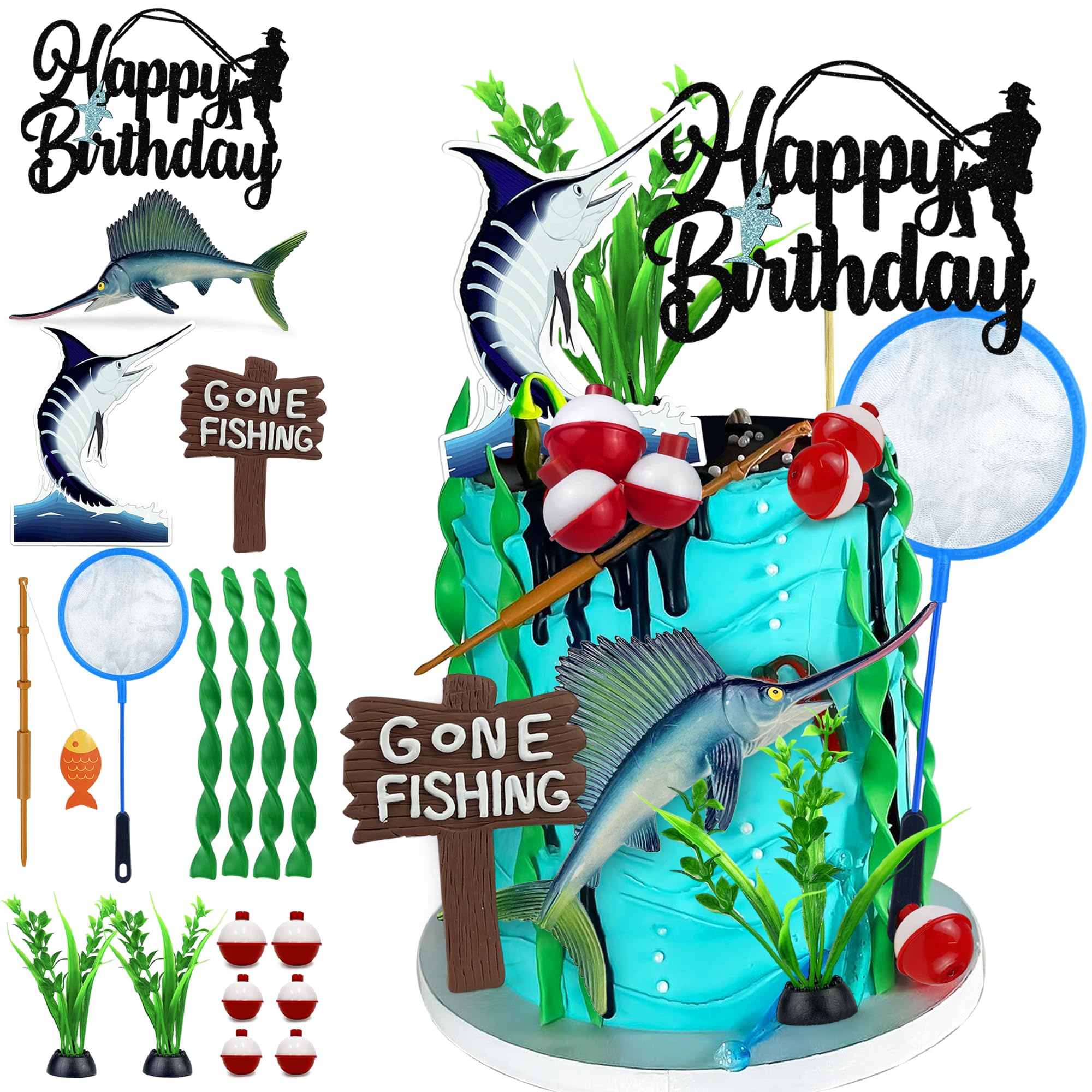 Photo 1 of 18 PCS Gone Fishing Cake Topper Decoration for Fisherman Themed Birthday Retirement Party Supplies
