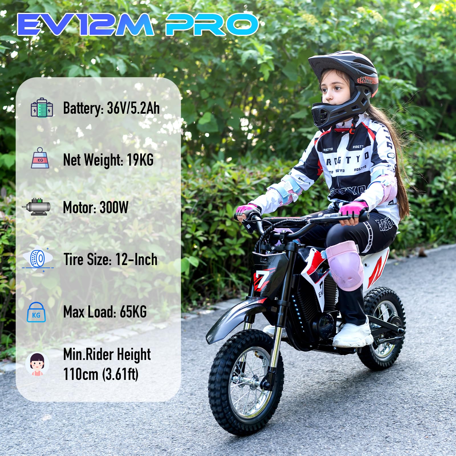 EVERCROSS EV12M PRO Elektro Motorrad Kinder, Elektromotorrad mit 300W Motor, 18KM Lange Reichweite, 12'' Luftreifen, Bluetooth Musik, Bunte Lichter, Moto Cross für Kinder ab 110cm Körpergröße