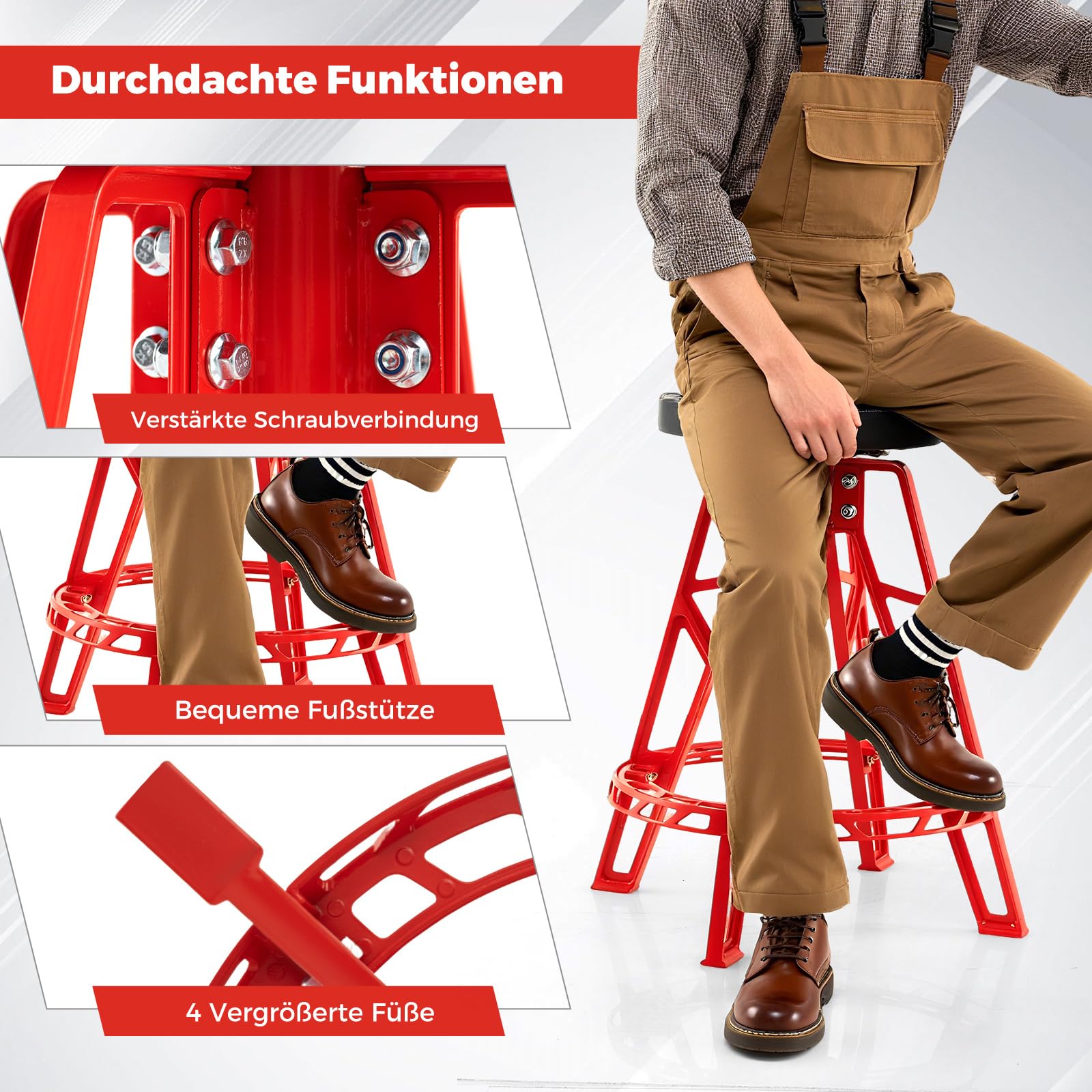 COSTWAY Werkstatthocker Hoch, Werkstattstuhl mit 360° drehbarem Sitz & Fußstütze, Werkstatt Hocker gepolstert aus Aluminiumlegierung bis 181 kg belastbar, Mechanikerhocker Werkstattsitz für Garage