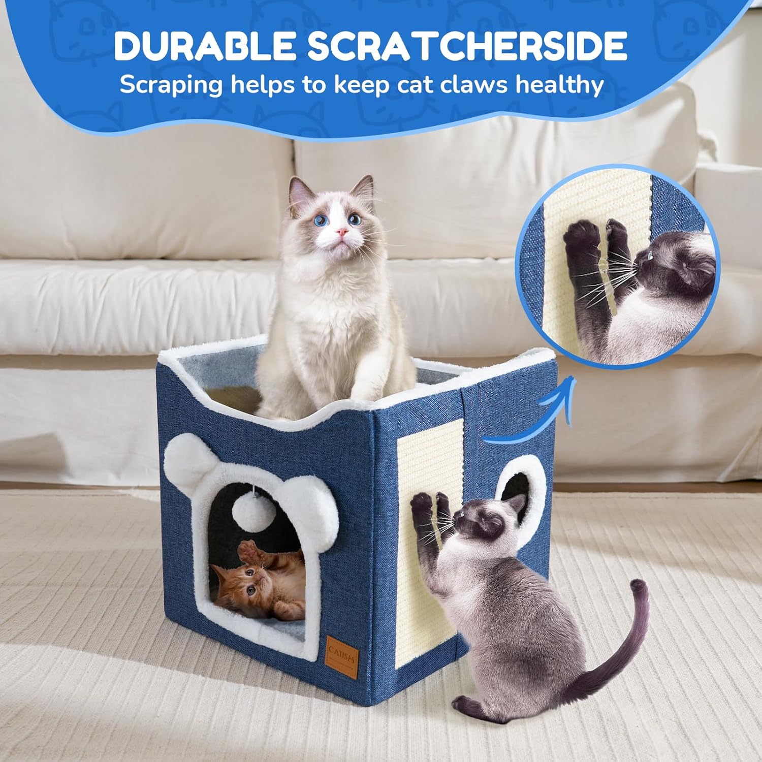 CATISM Cat Bed for Indoor Foldable Cube Cat House Indoor Multifunctional Large Cat Cave with Scratch Board and Fluffy Ball for Pets, 15.7 * 15.7 * 15inch, Blue 6 814wyk4WFKL. AC SL1500