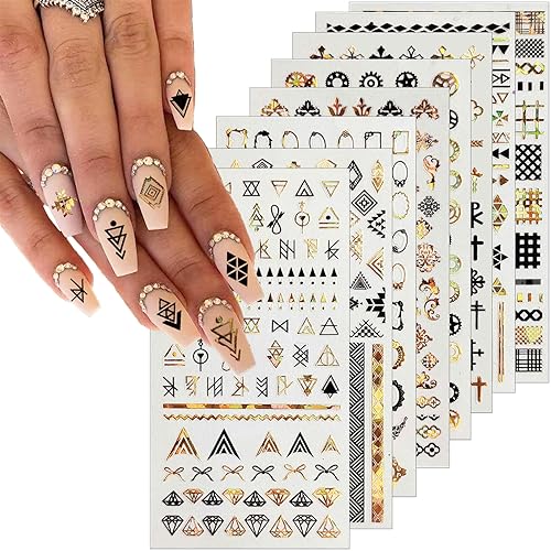 8 Sheets Geometric Nail Art Stickers, Black Gold Geometry Triangular