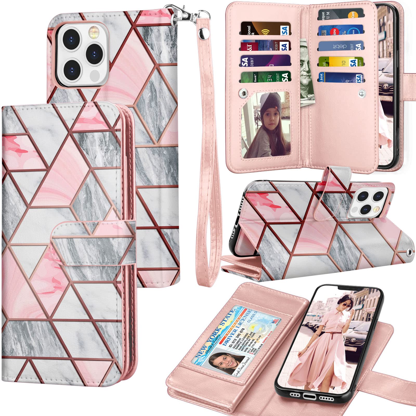 Tekcoo Wallet Case Compatible with iPhone 13 (6.1 inch) 2021 [Detachable Magnetic Hard Case] Luxury ID Cash Credit Card Slots Holder Carrying Pouch Folio Flip PU Leather Cover with Strap [Marble]