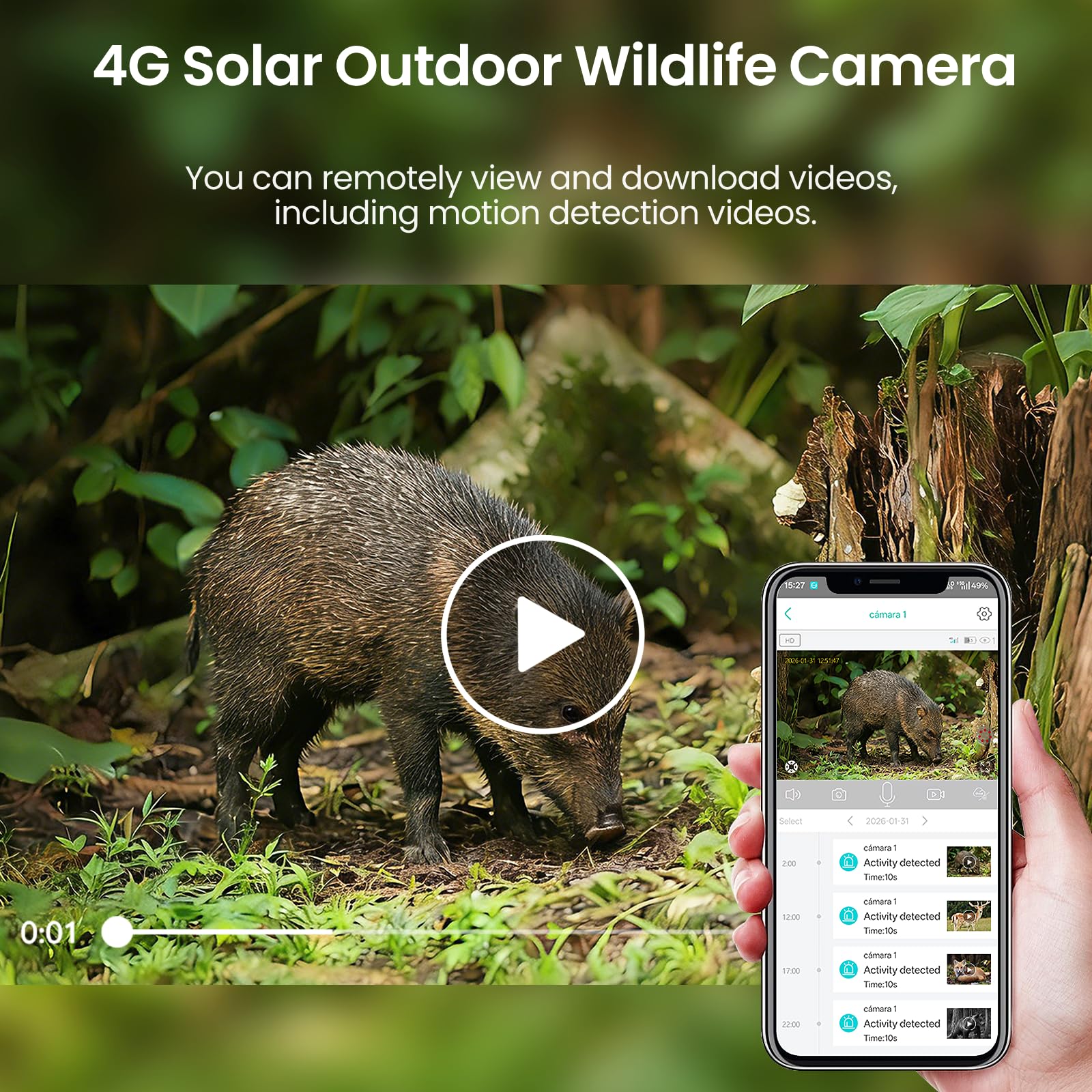 4G Camara Vigilancia Exterior Solar Sin WiFi con Tarjeta SIM, 2K PTZ Inalámbrico, 10400mAh, 6W Panel Solar, Visualización de 360 °, Detección de Movimiento, Audio Bidireccional, IP66