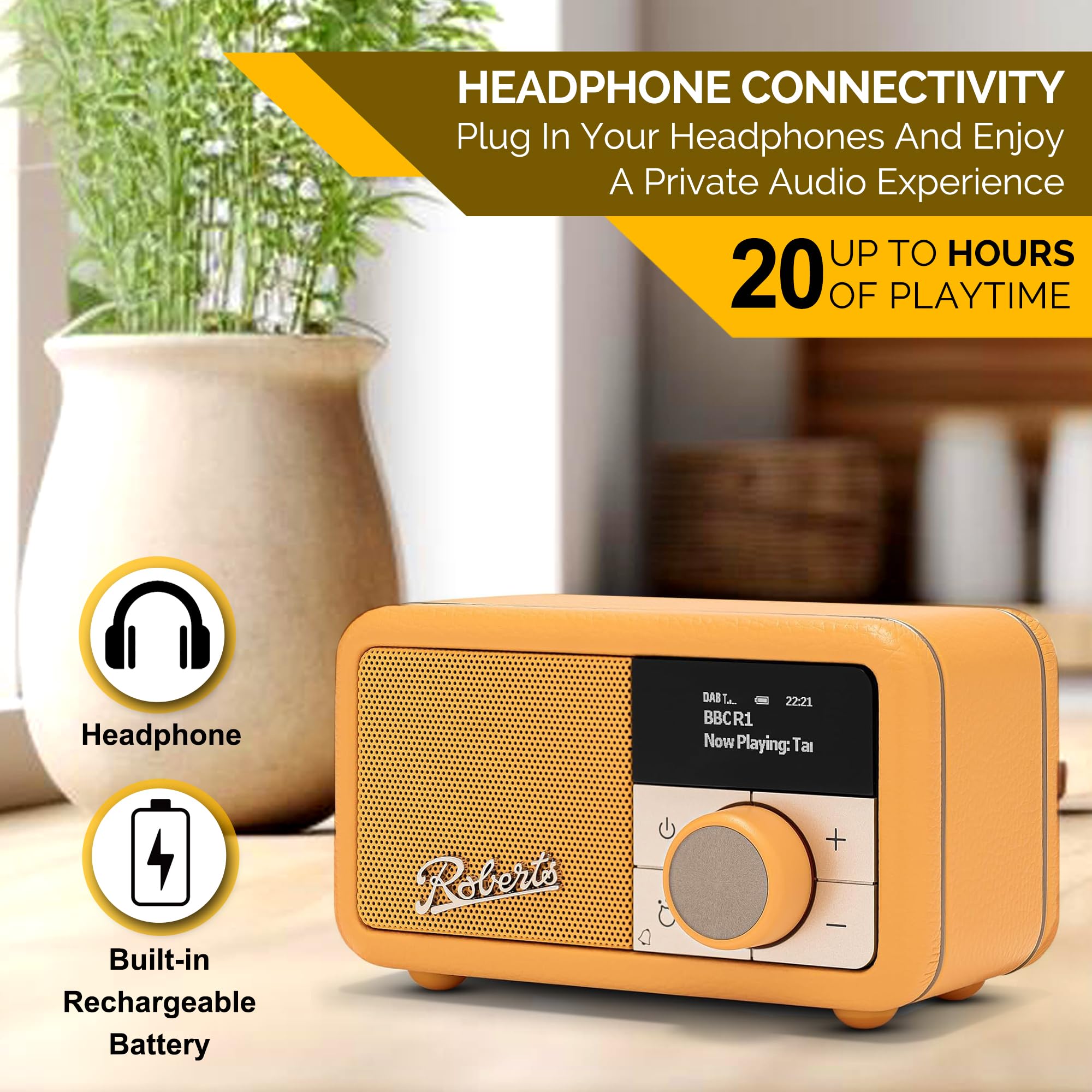 Roberts Revival PETITE2 - Radio Digital FM/Dab/Dab+ con Bluetooth, Color Amarillo Sunburst